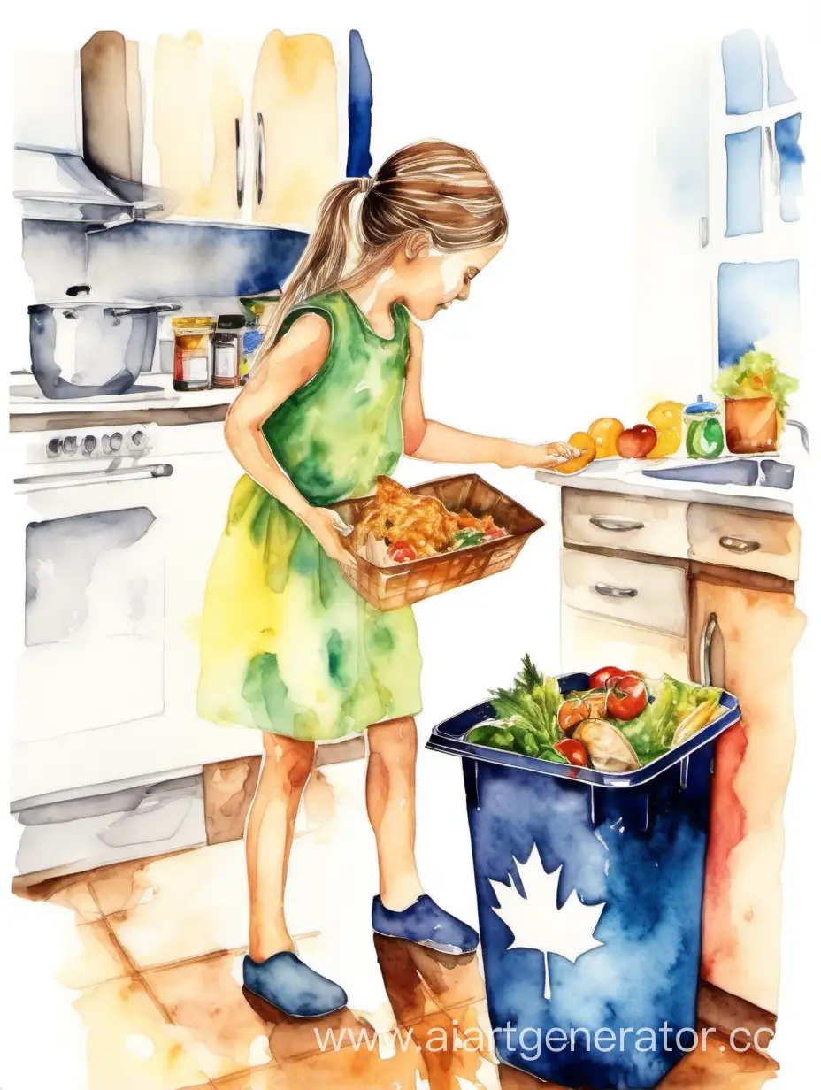 девушка выкидывает еду в мусорку на кухне, акварель, цветное изображение на белом фоне