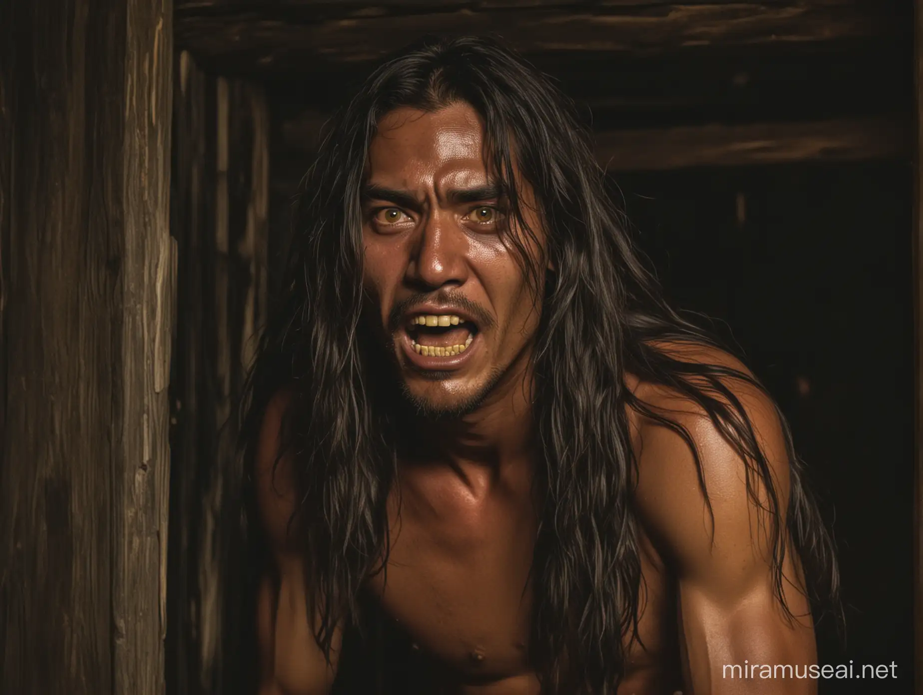 Una hombre maya con cabello largo, con colmillos largos y ojos amarillos retorciéndose de dolor dentro de una cabaña por la noche