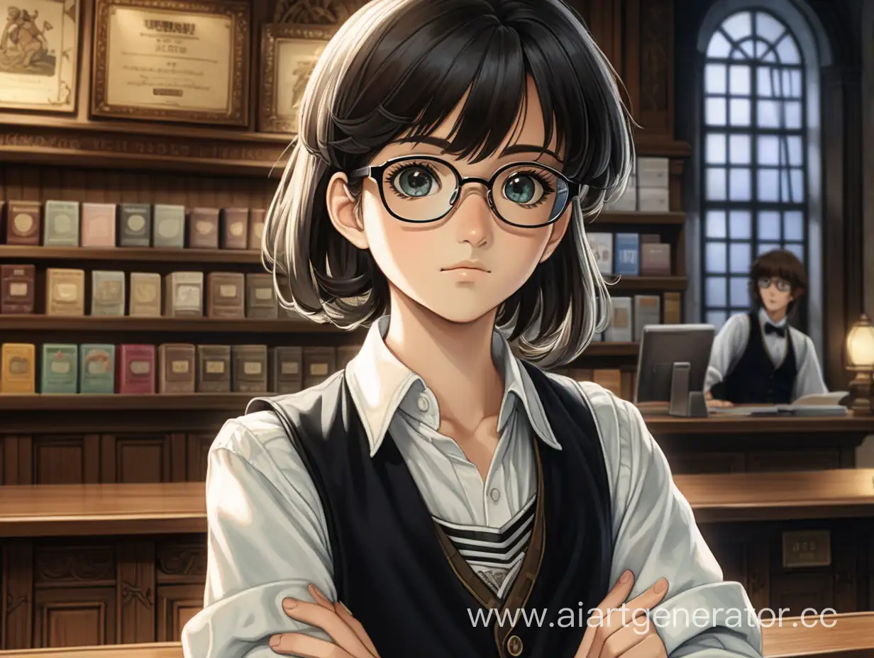 Girl in square glasses, birthmark on left cheek, black waistcoat, white shirt, medieval bank building, front view, behind the counter, dim lighting, studying gaze, gaze directed at the viewer, anime 80s style