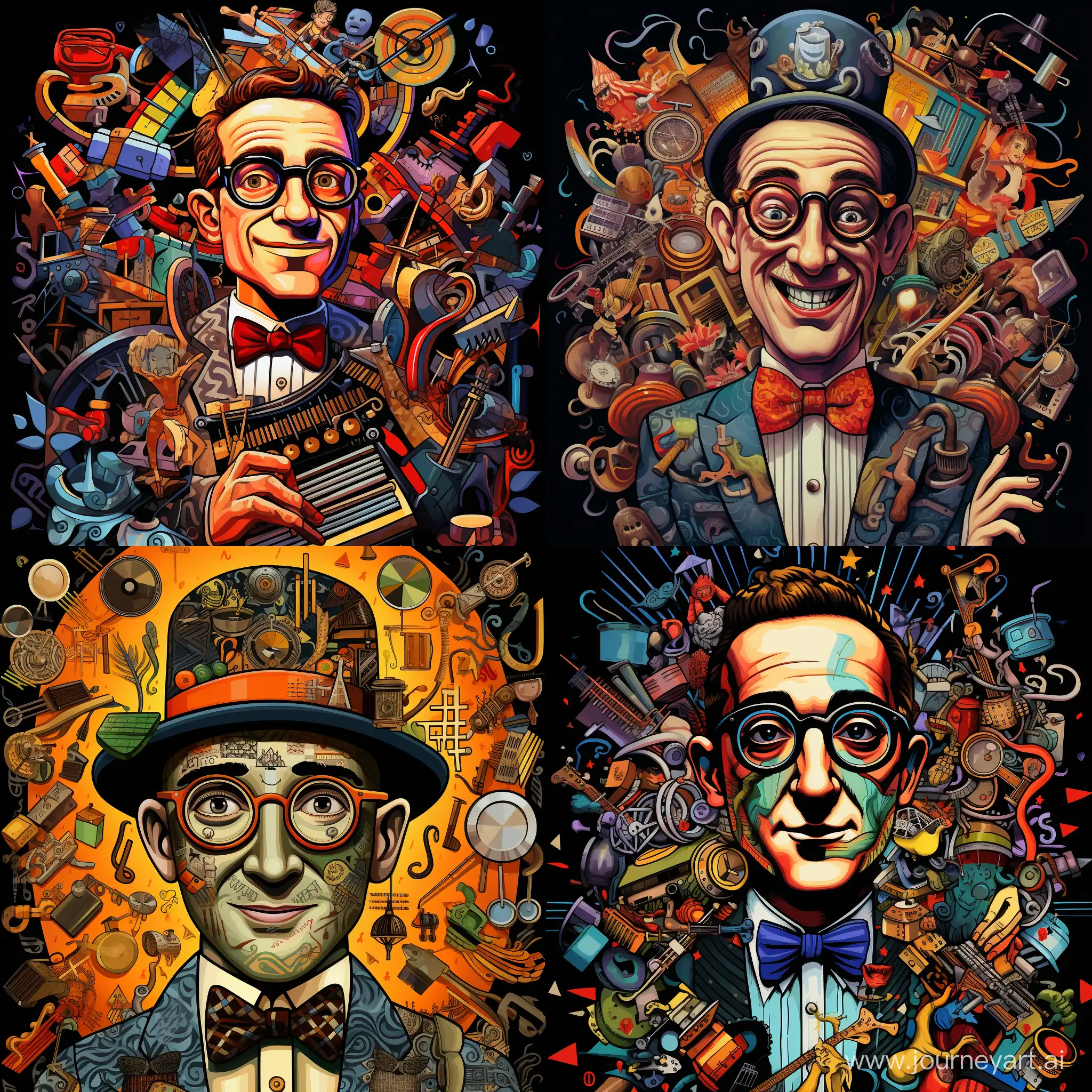 Waist portrait of  Benny Goodman,with a crown on his head, surrounded by musical symbols, lots of details, complex colors, caricature, pop art style