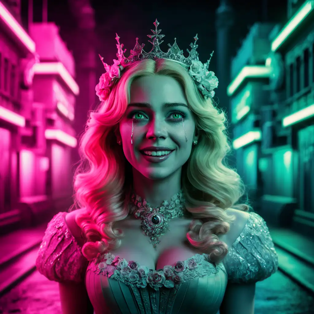 Девушка королева драмы на фоне яркого ночного города, блондинка с зелеными глазами, на голове корона, по щеке бежит слеза и улыбка, изображение в неоне розовый и зеленый цвет