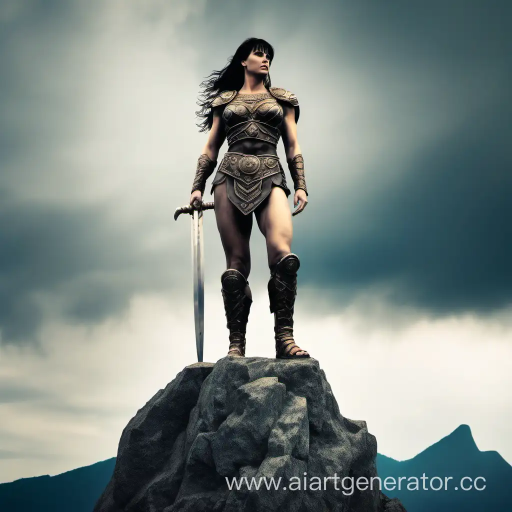 a colossal stone statue of strong beautiful-faced Xena warrior princess-like Amazon woman with curvaceous body, standing on the top of a mountain