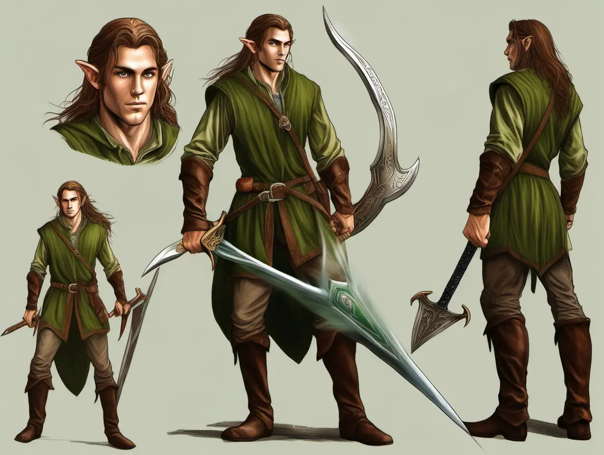Attractive Wood elf adventurer, 25 years old. He is tanned with long light brown hair and green eyes. He wields a sword and shield. Lord of the rings, Fantasy art, dungeons and dragons character, action shot, candid