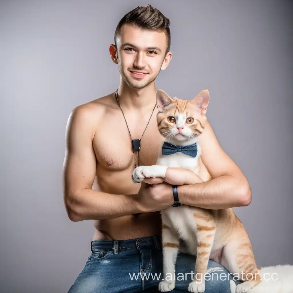 Парень, полуголый в фотостудии с собачкой, у парня ушки и кошачий хвост

