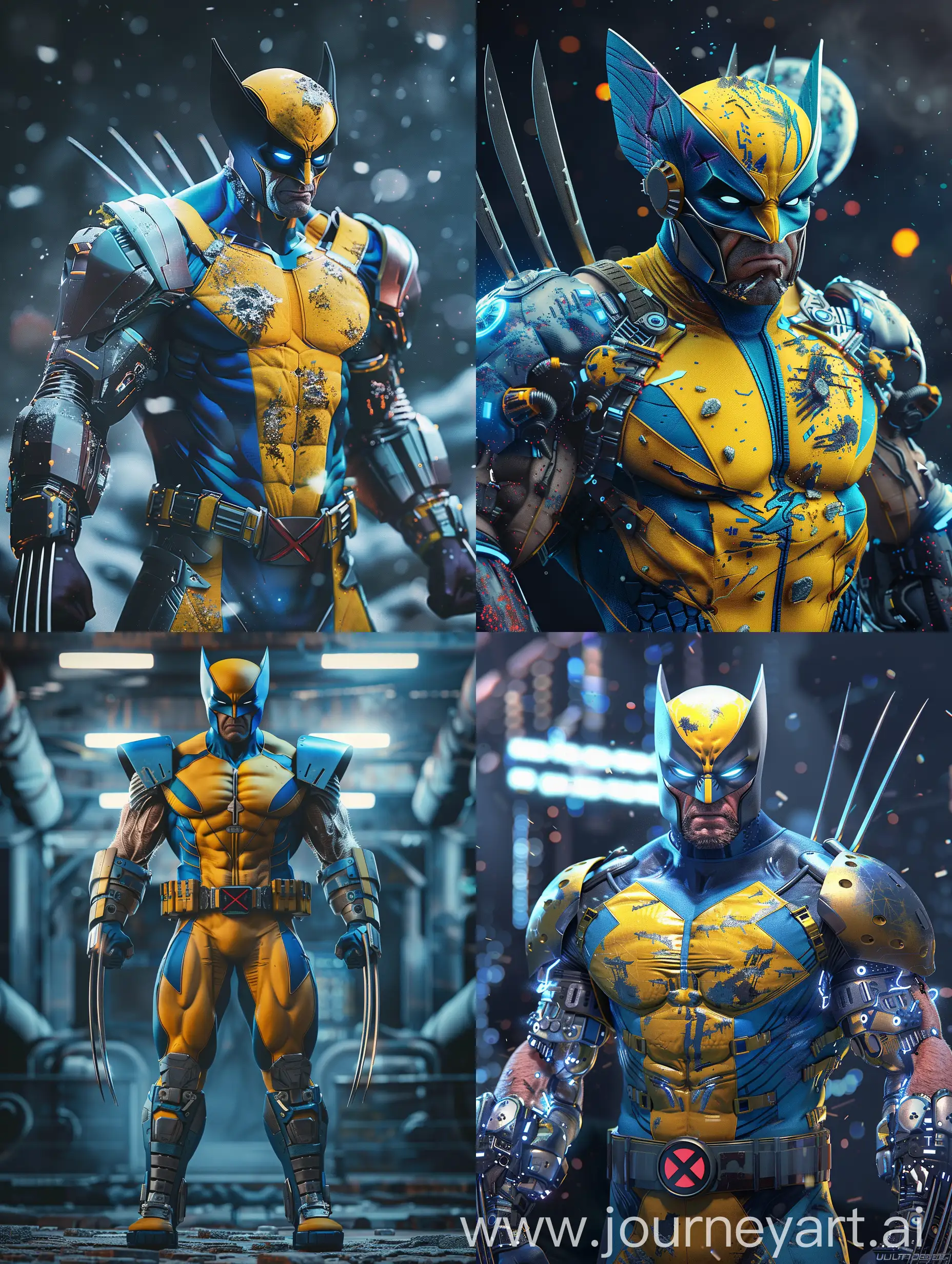 Marvel Wolverine in classic yellow and blue outfit but as a cyberpunk, futuristic armoured cybernetics with cyberpunk space mask (8K) ((ULTRA DETAILED)) FULL BODY