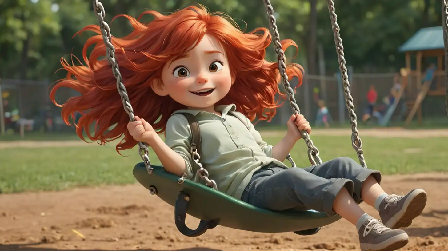 illustrate red hair one kid swinging on the swing, at the playground