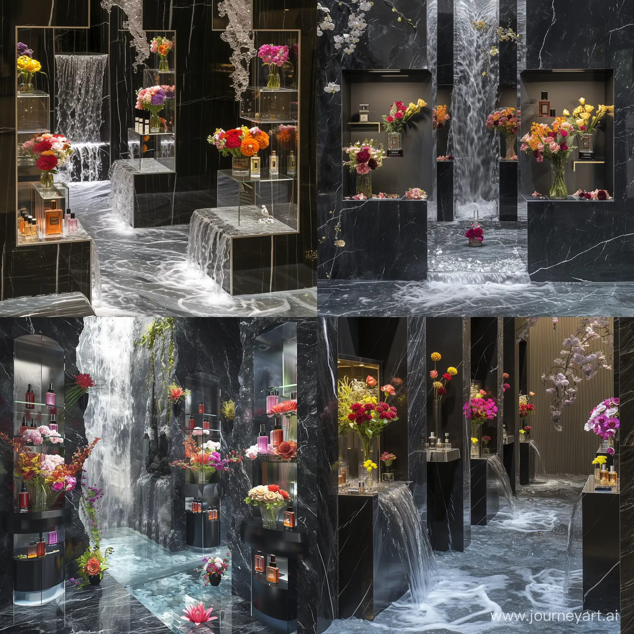Elegant-Perfume-Kiosks-Floral-Displays-Cascading-Waterfalls-in-Mall-Setting