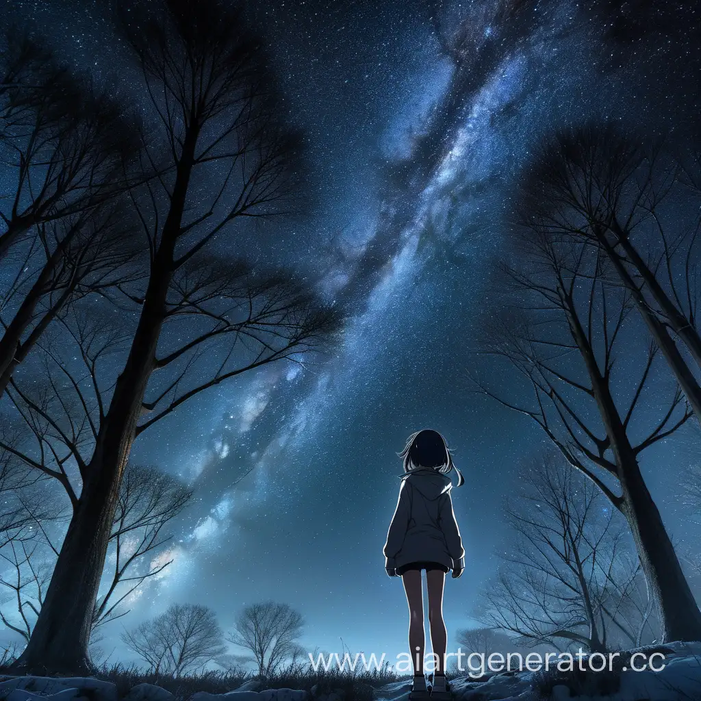 Усталая ночь, темные деревья, млечный путь, зима и аниме девочка стоит и смотрит вверх отвернувшись