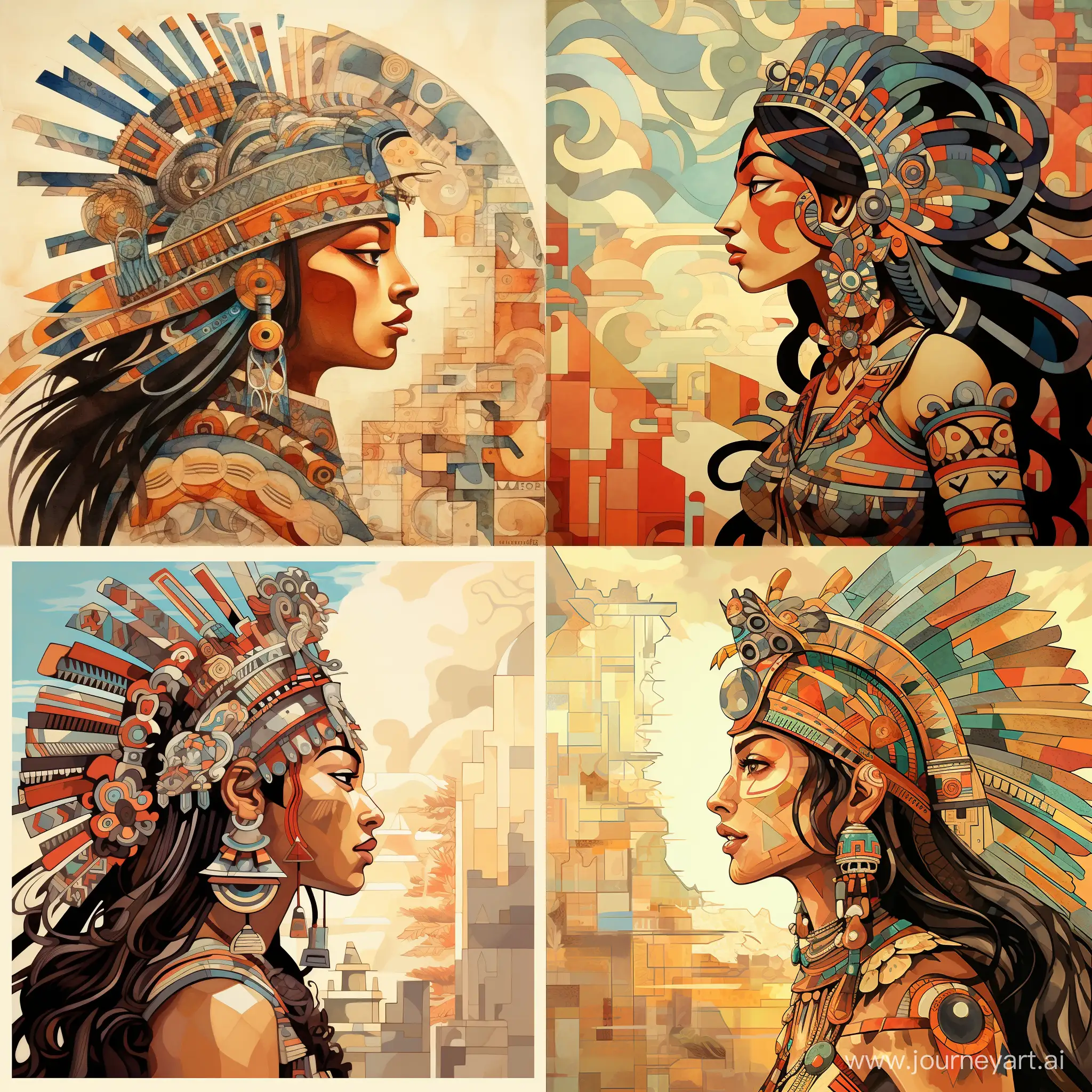 Ruler's wife, Aztec queen, Indian, in profile, central portrait, ancient civilization, against the background of the pattern of ancient Tenochtitlan, fabulous illustration, stylized caricature, Victor Ngai, watercolor, decorative, flat drawing