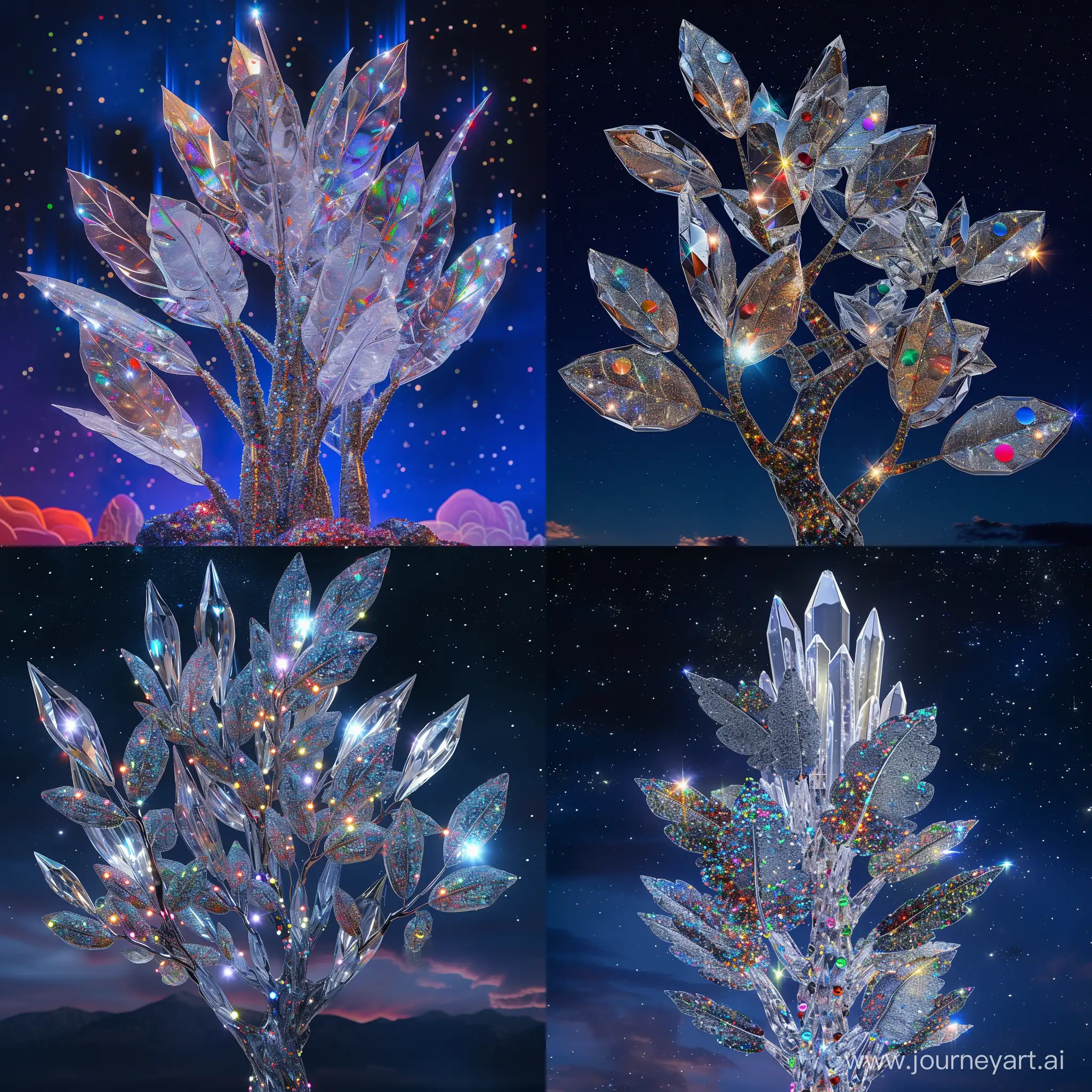 A fabulous crystal tree with shining silver leaves is of unusual beauty !!!!!! against the background of the night sky!!!!!!!!it shimmers with bright colors!!!!!!! The silver leaves are decorated with colorful sequins!!!!!!!! frontal light, , ((masterpiece)), ((best quality)) , high detail,, highest detail, high_Detail, , HDR, Photorealistic, bright colors , octane of modern surrealism, medium sharpness,