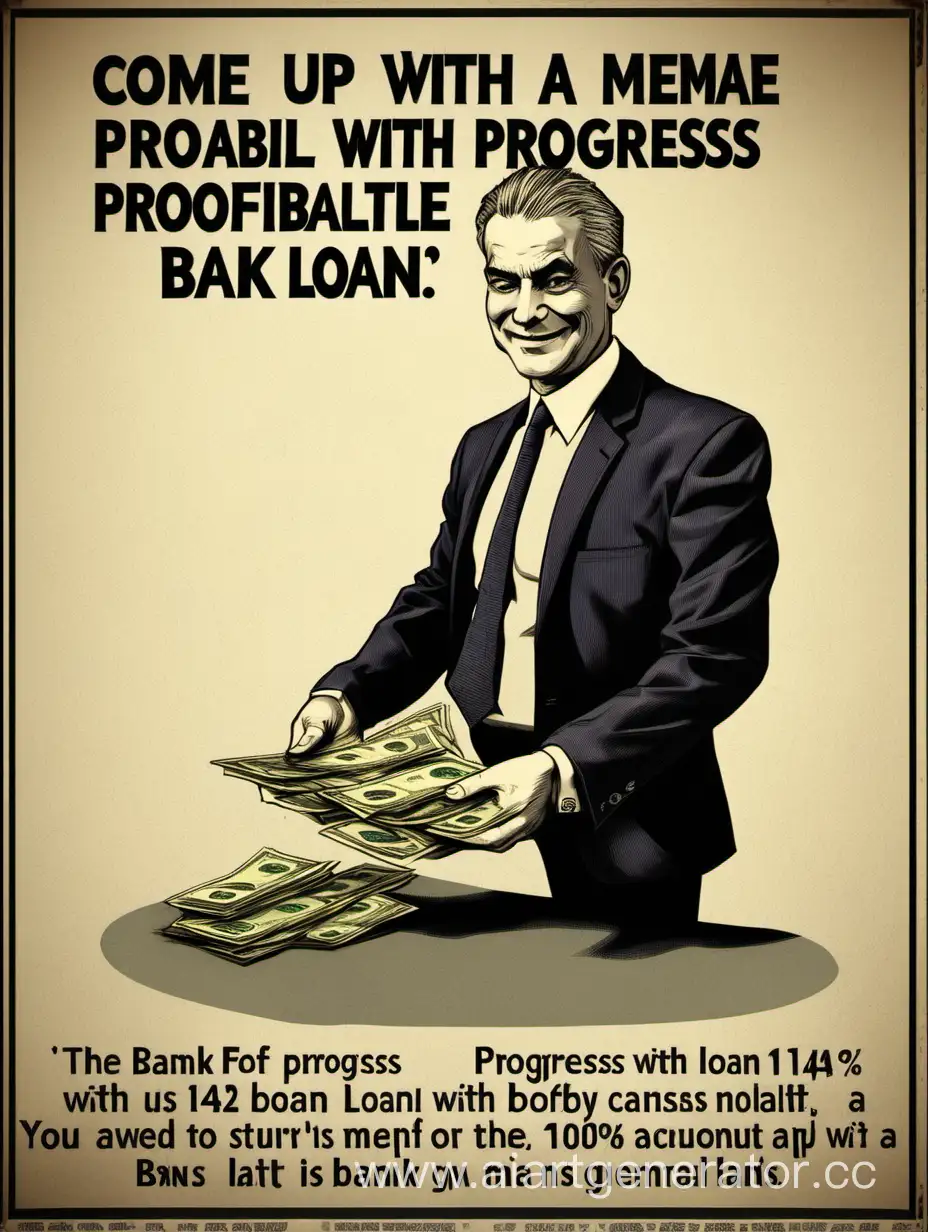 придумай мемный постер для банка Банк Выгодный Прогресс с кредитом 142%