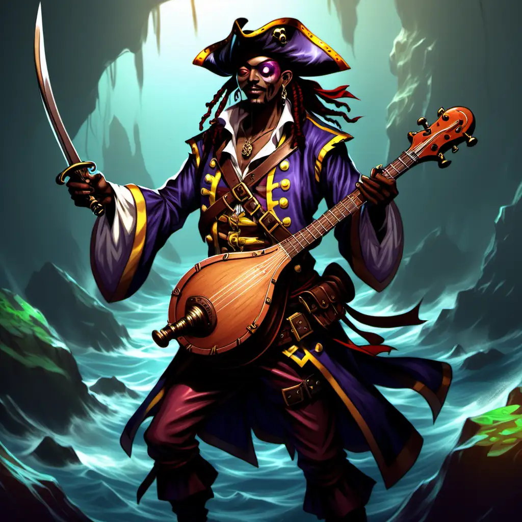 A a fantasy and magical one eyed pirate bard in dnd style