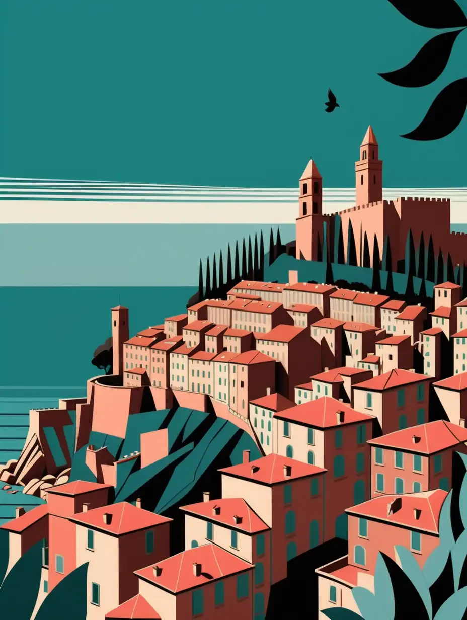 view of the city of Menton,Medieval Castle of Roquebrune, in the style of cubist elements, flat perspective, dark turquoise and light red, grid, ad posters, birds-eye-view, horizontal stripes --ar 89:128