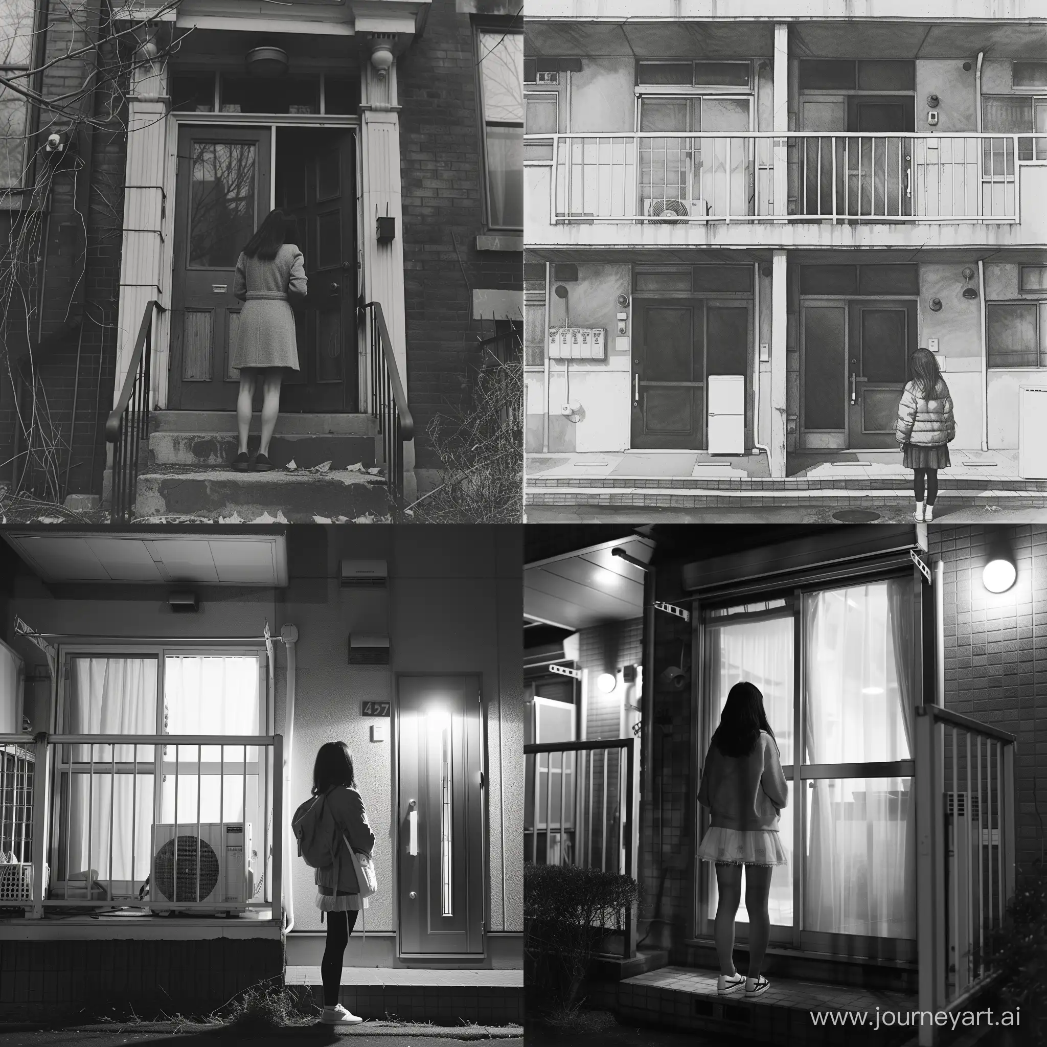 The girl is standing at the front apartment, she's in her outerwear