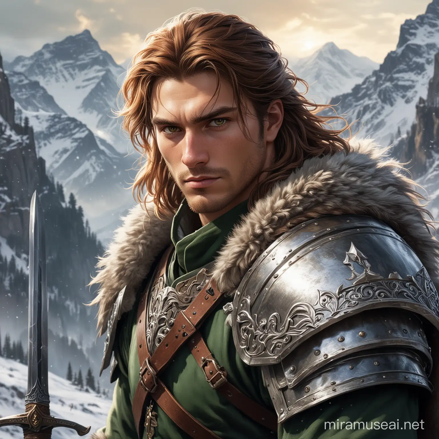noble, proud, cocky, greatsword over one shoulder, winter mountain background, medium/long brown hair, dark green eyes, male.

