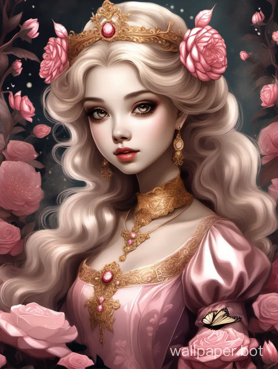 fantasy girl | portrait of a princess | fb cover, in the style of accurate and detailed, intricate, delicate flower and garden paintings, kawaii art, realistic oil paintings, golden age illustrations, dark white and dark pink, caricature-like