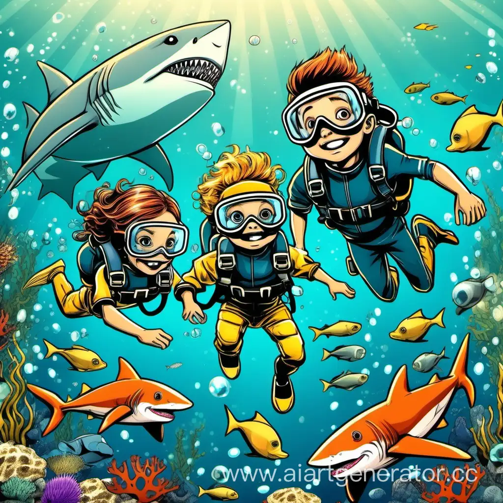 underwater chase, dynamic composition, comic, cartoon style, little boy and girl dressed in masks and scuba fins, sitting on two fish, chasing a shark underwater with a crystal in their teeth