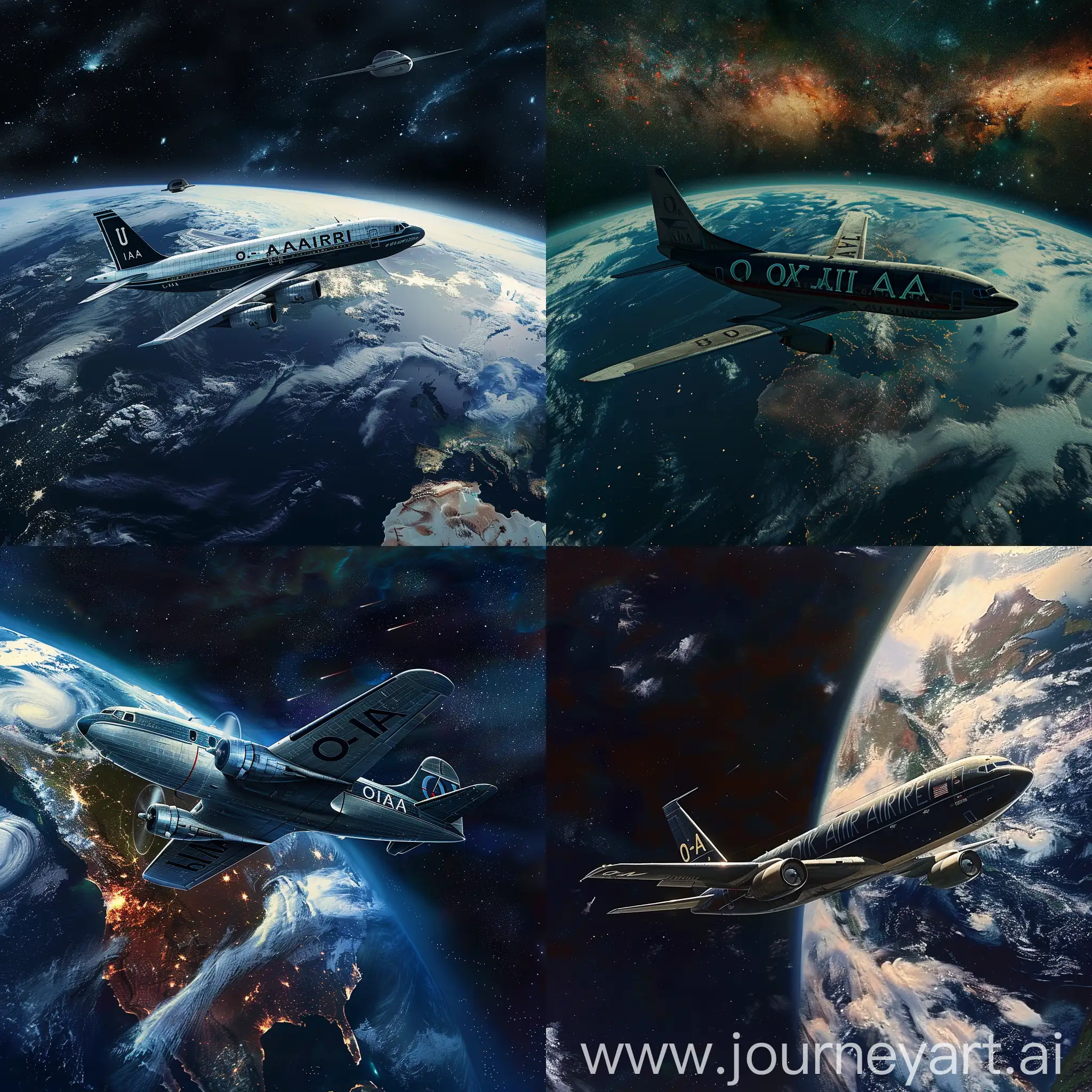 Please create an airplane with the letters "O I A A Airlines" in dark blue letters on the side, flying around the Earth in the vastness of space