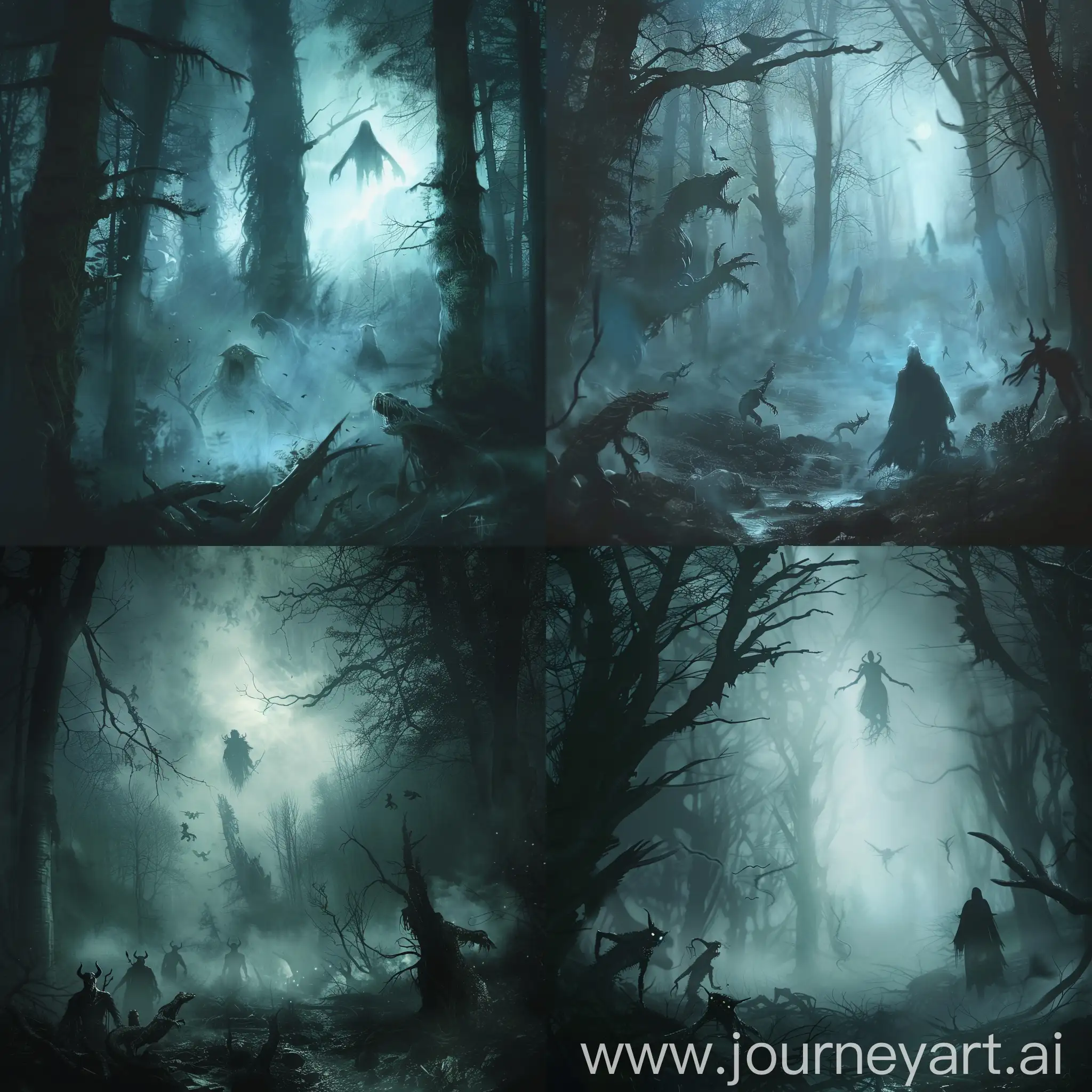 A dark foggy forest with monsters around and a sinister looking figure in the distance levitating