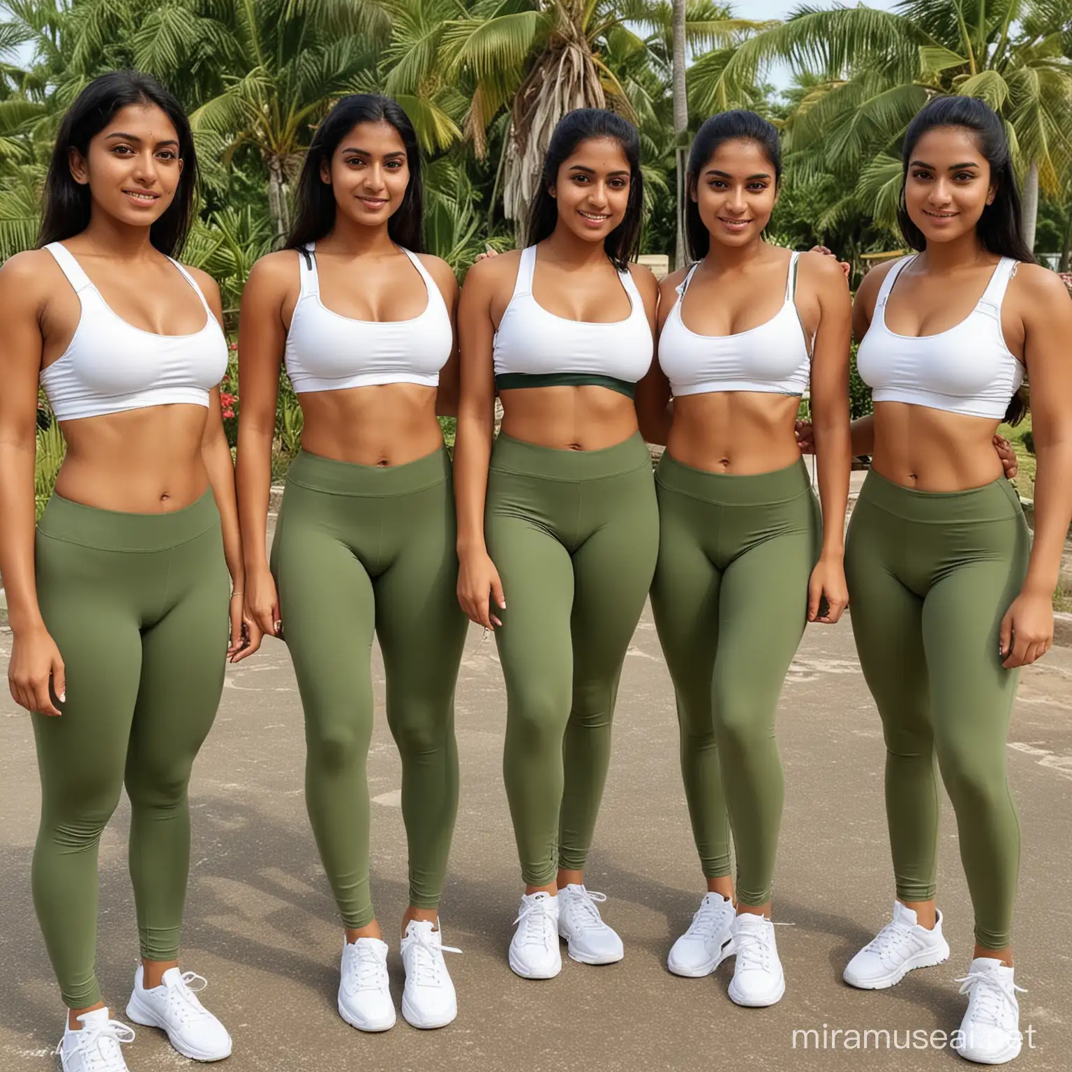 30 years old  indian six  sexy girls wearing dark green  tight camel toe  gym leggings   and tight white  bra in summer on vacation  