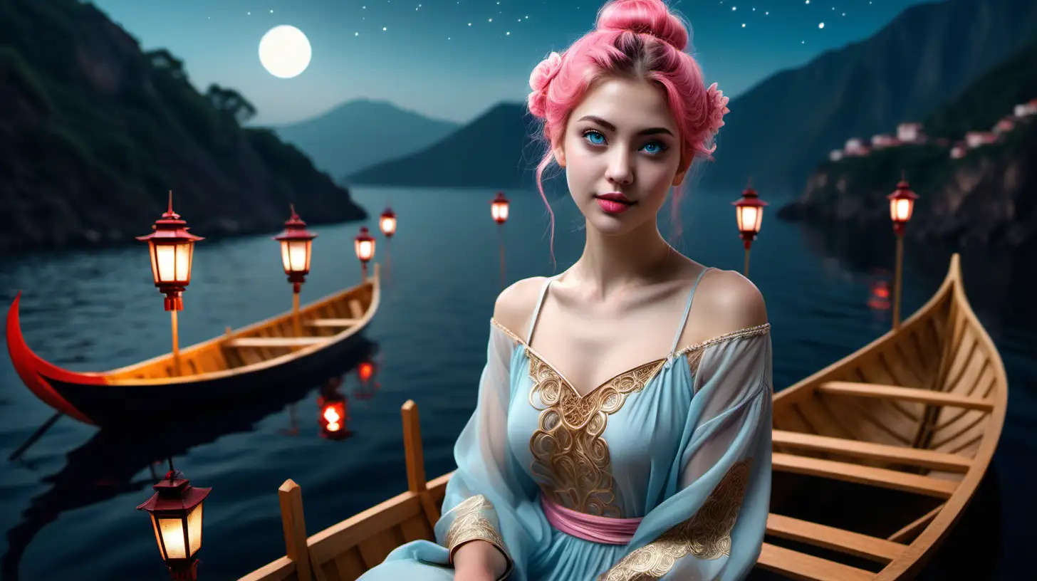 Generate a hyperrealistic cinematic render, soft light:

picture a scene of a young woman(the young woman is a beautiful 22-year-old slender lady. She has big blue eyes, pink pouty lips, a cute nose, and rosy skin, she is visibly happy and her cheeks are flushed. Her light pink hair is tied in an intricate braid adorned with blue and white flowers. She is dressed in a long light-blue sheer dress with an intricate design.) and a young man(the young man is handsome 25 years old, he is tall, and he has a lean but muscular body. he has big brown eyes, thick lips, thick eyebrows, and a defined nose and cheekbones, his skin is a bit tanned, and his hair is brown and tied in a bun. he is dressed in a black robe with an intricate gold design.) in a flying wooden boat (a single lantern in front of the boat, guiding the way) sailing in the sky the middle of a sea of clouds. the man is rowing the boat, he is sitting in front of the women. They are gazing lovingly at each other. 

they are surrounded by mountains, a red bridge and a temple in the mountain cliff, the night sky is filled with stars (galaxy), and the moon is big and glowing majestically against the night sky. the sea of clouds have glowing lotus flower, fireflies.

magical, ethereal, whimsical, surrealism, romanticism