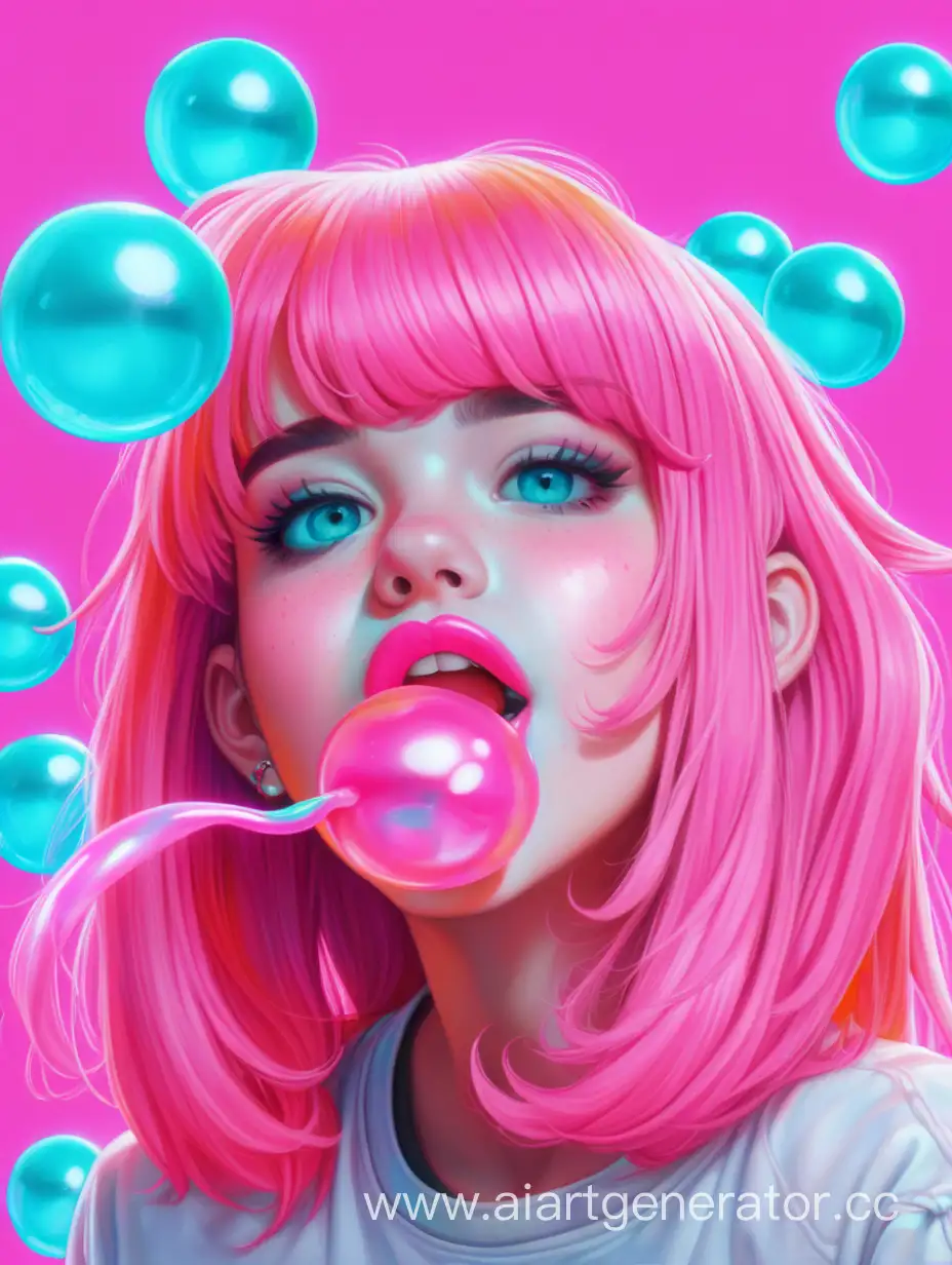 Beautiful girl with bubble gum in her mouth with bright hair in neon 
