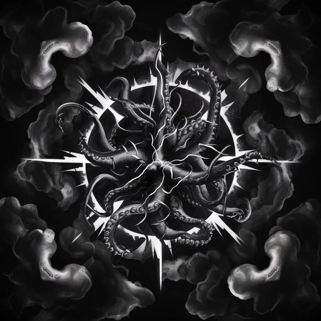 Horror tattoo lineart, chaos masterpiece, simetric dark black clouds pattern, evil thick tentacles, blackwork,  black, explosive Lightning circular pattern , chaos, stencil,  monochromatic, high contrast,