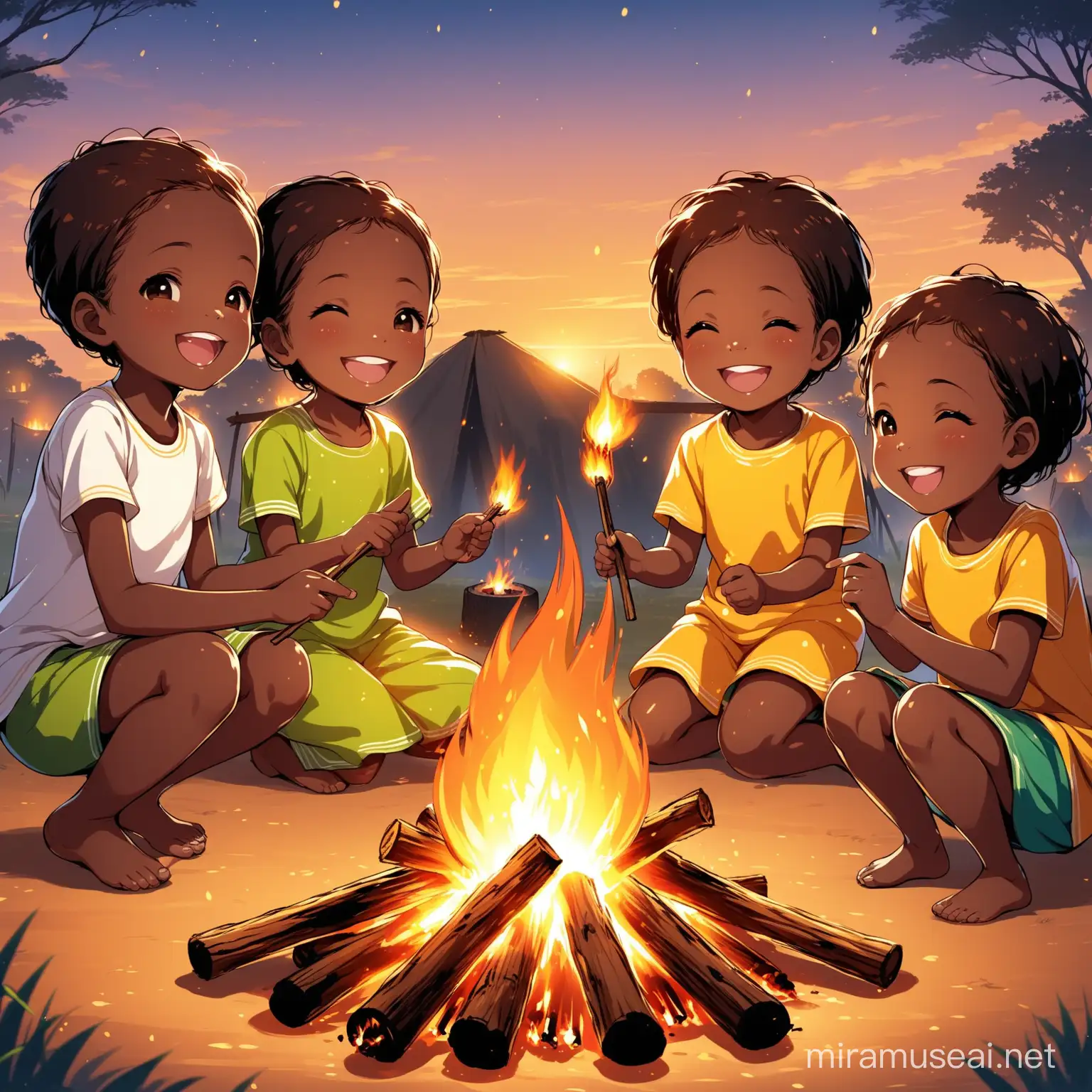 Joyful African Children Gathering Around a Bonfire