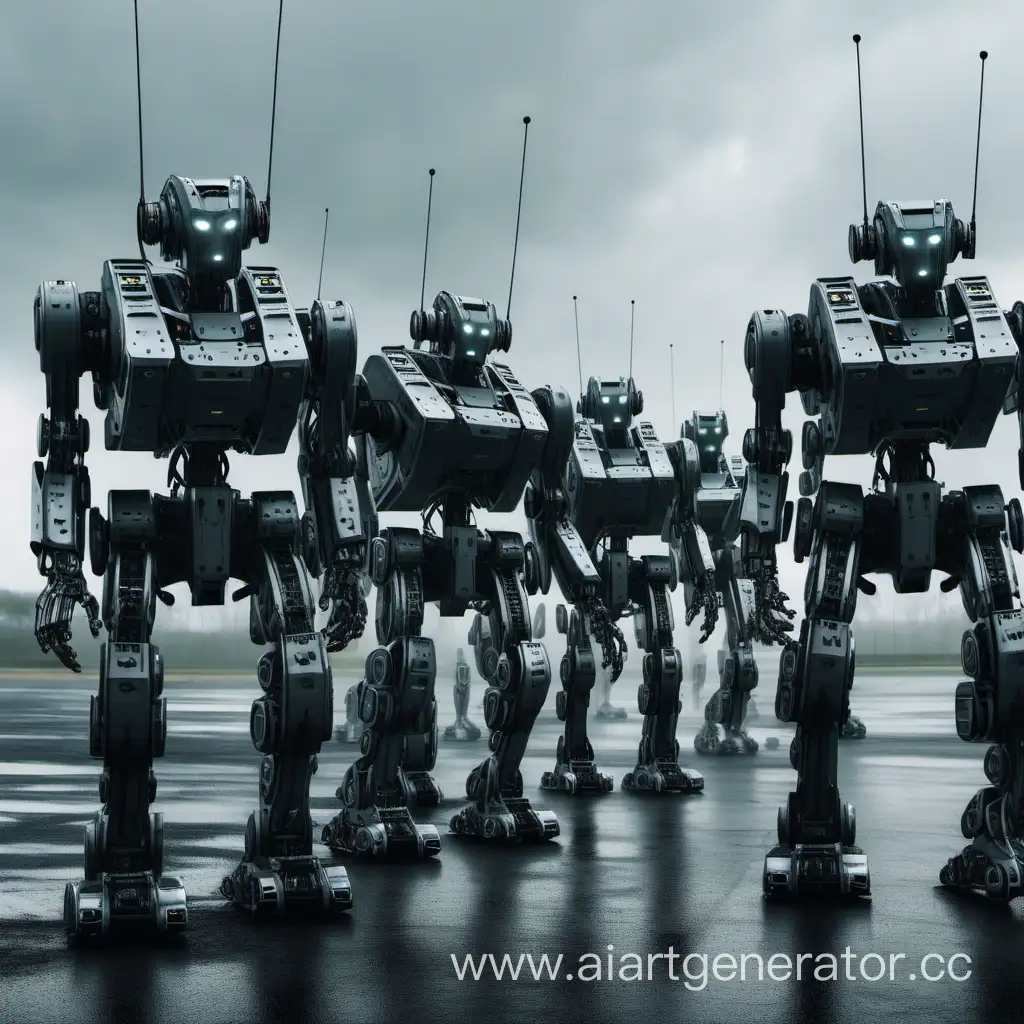 Армия военных роботов во время пасмурной погоды