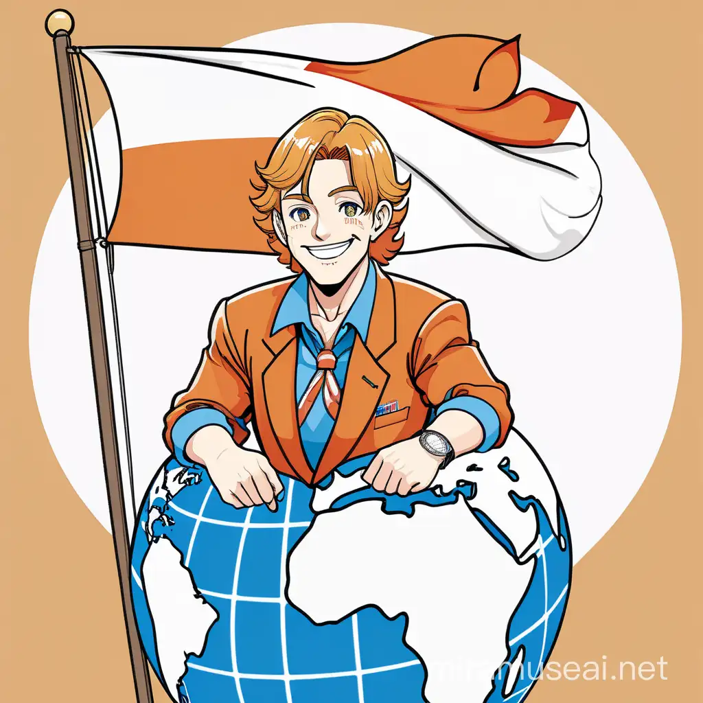 Dutch man proud and smiling, sitting on a globe with a Dutch flag, in Japanese manga comic style 
