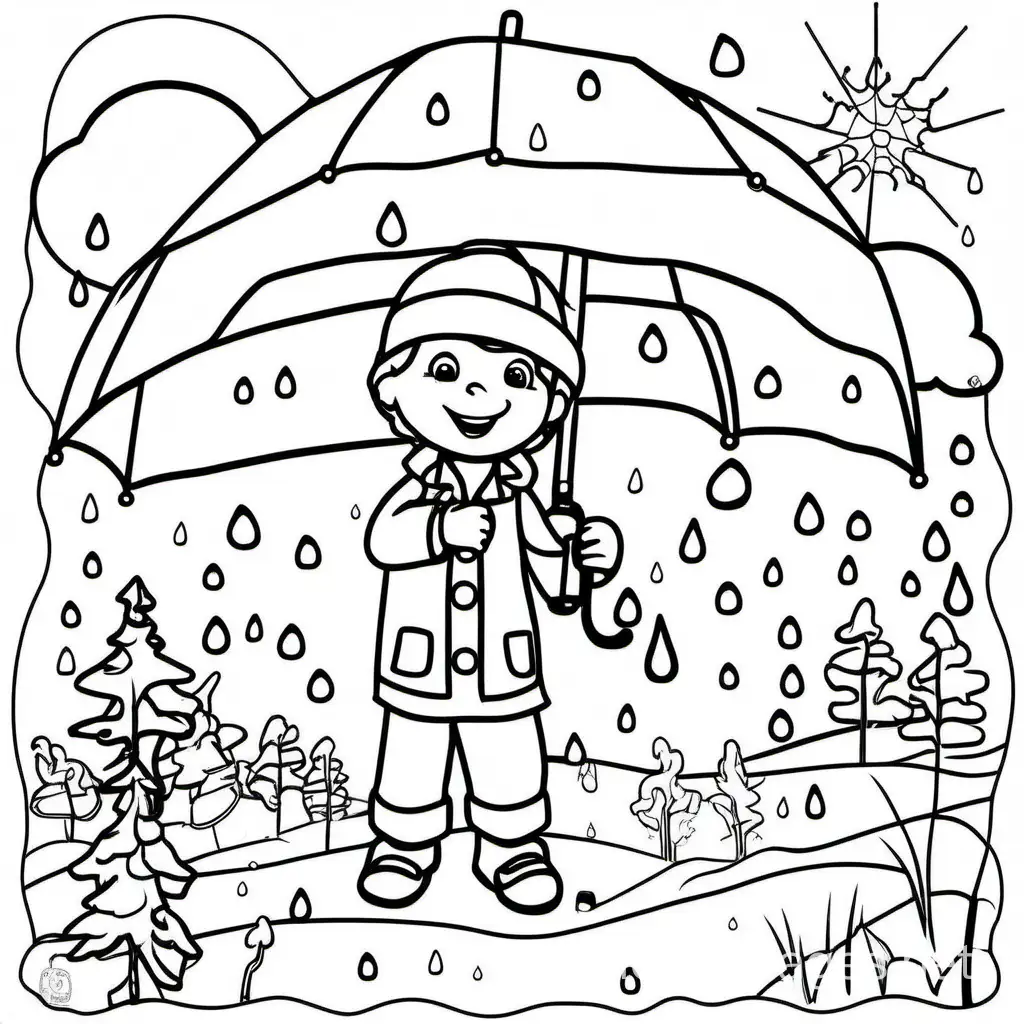 Weather Scientists kids laboratory rain snow sunny windy, Coloring Page, black and white, line art, white background, Simplicity, Ample White Space. The background of the coloring page is plain white to make it easy for young children to color within the lines. The outlines of all the subjects are easy to distinguish, making it simple for kids to color without too much difficulty