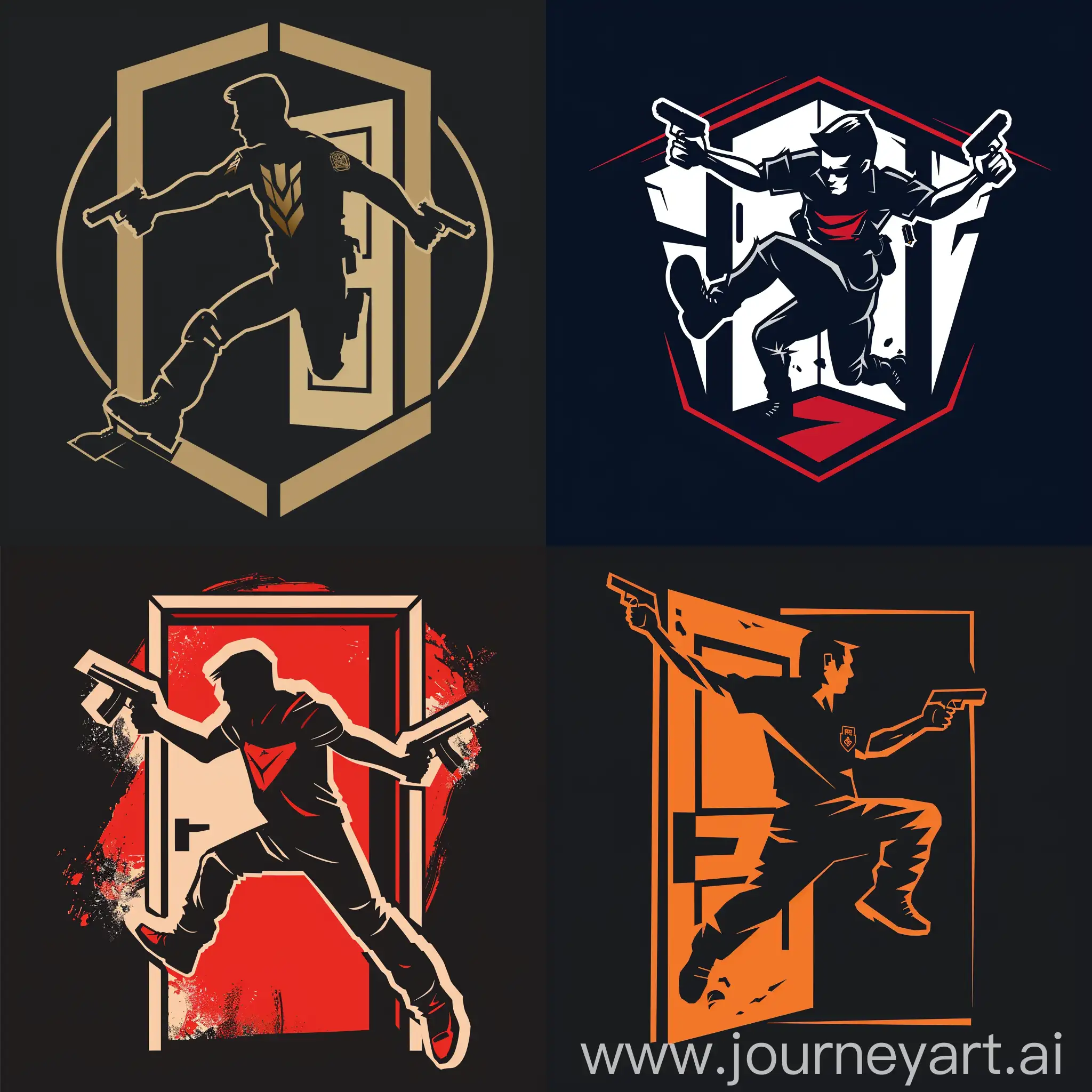 a logo for an e-sport FPS team picturing man kicking a door and holding a gun in each hand