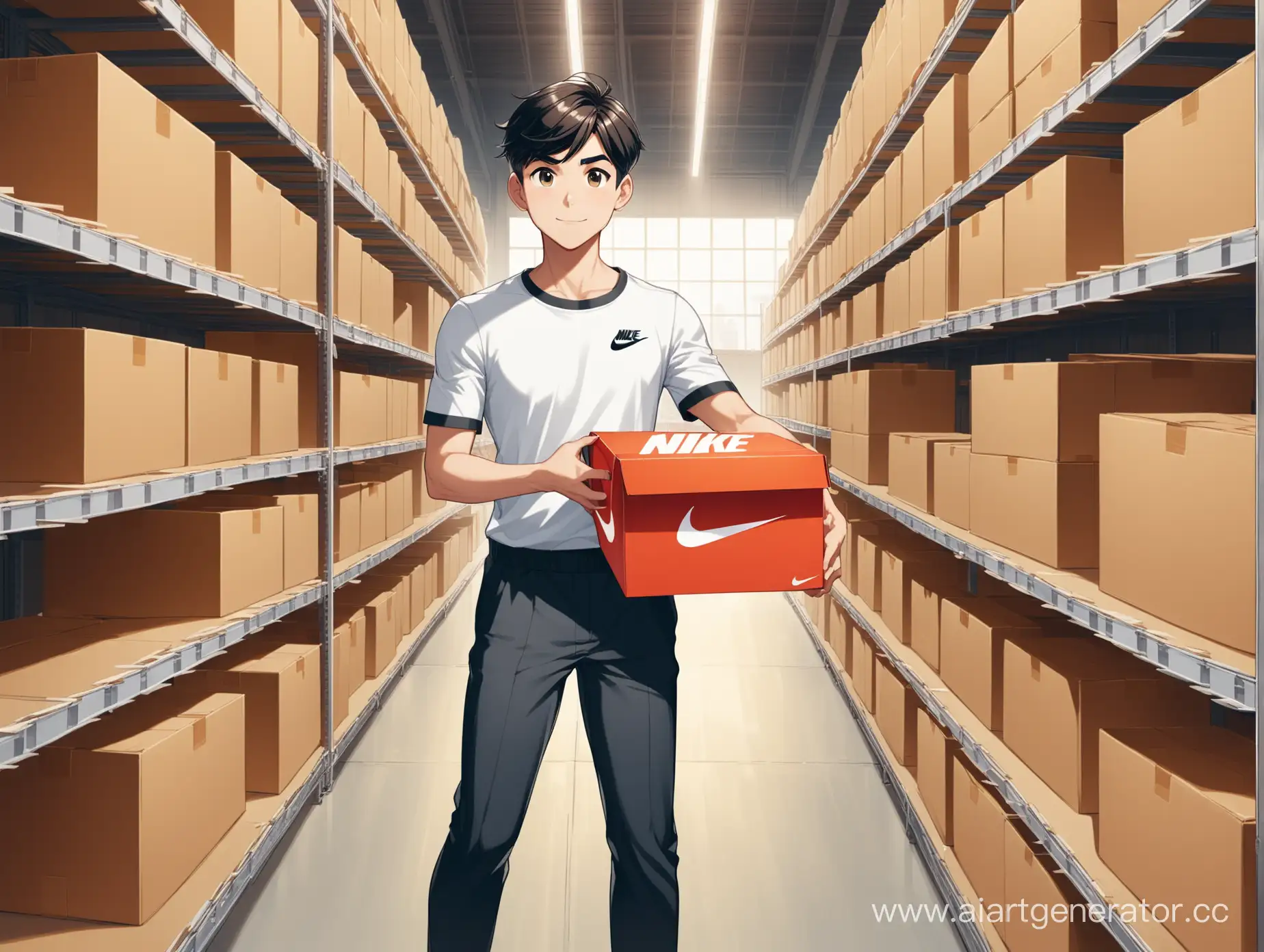 ухоженный мультяшный мальчик держит в руках коробку с кроссовками  nike среди полок с коробками (на складе)