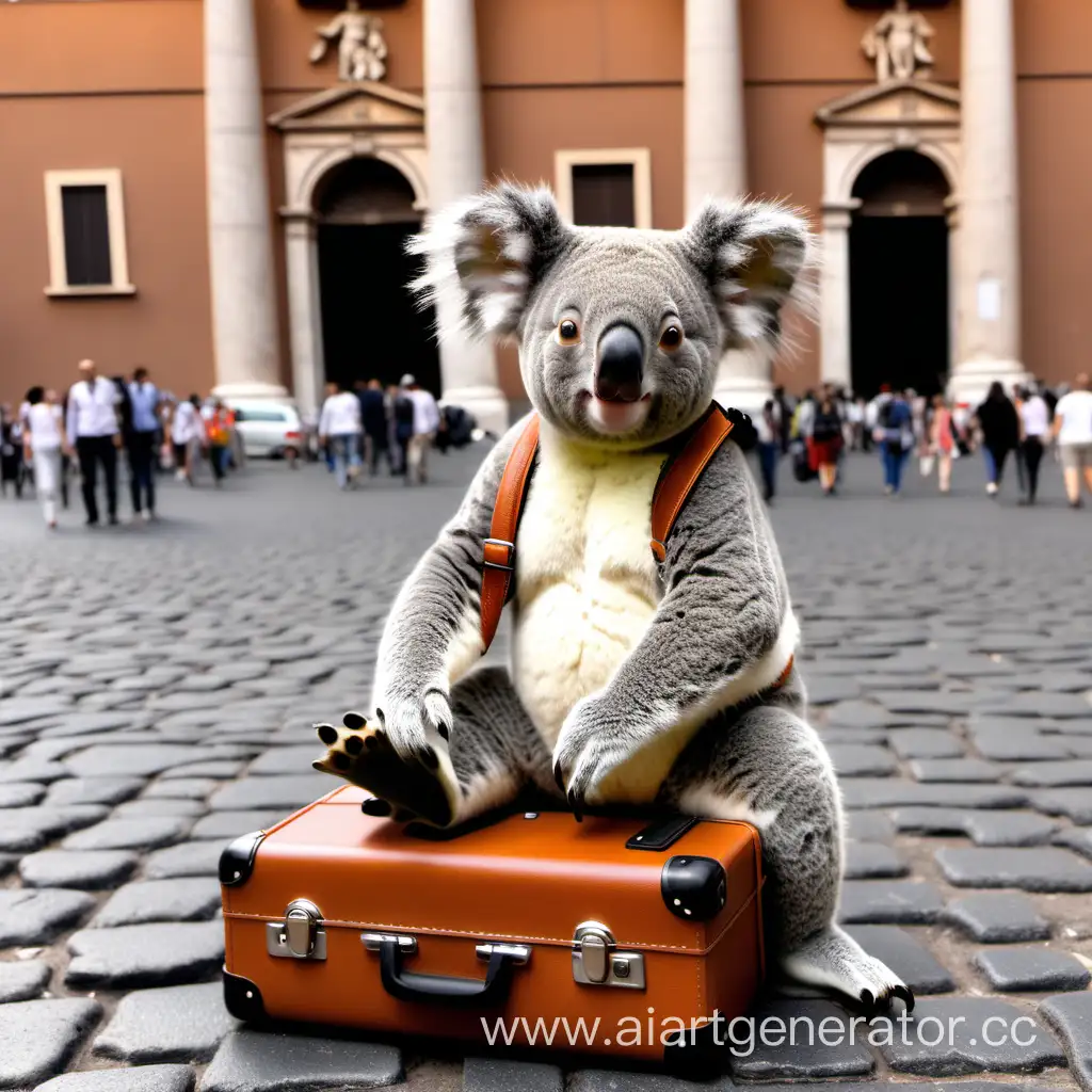 koala travelling in Italy in Rome with a baggage