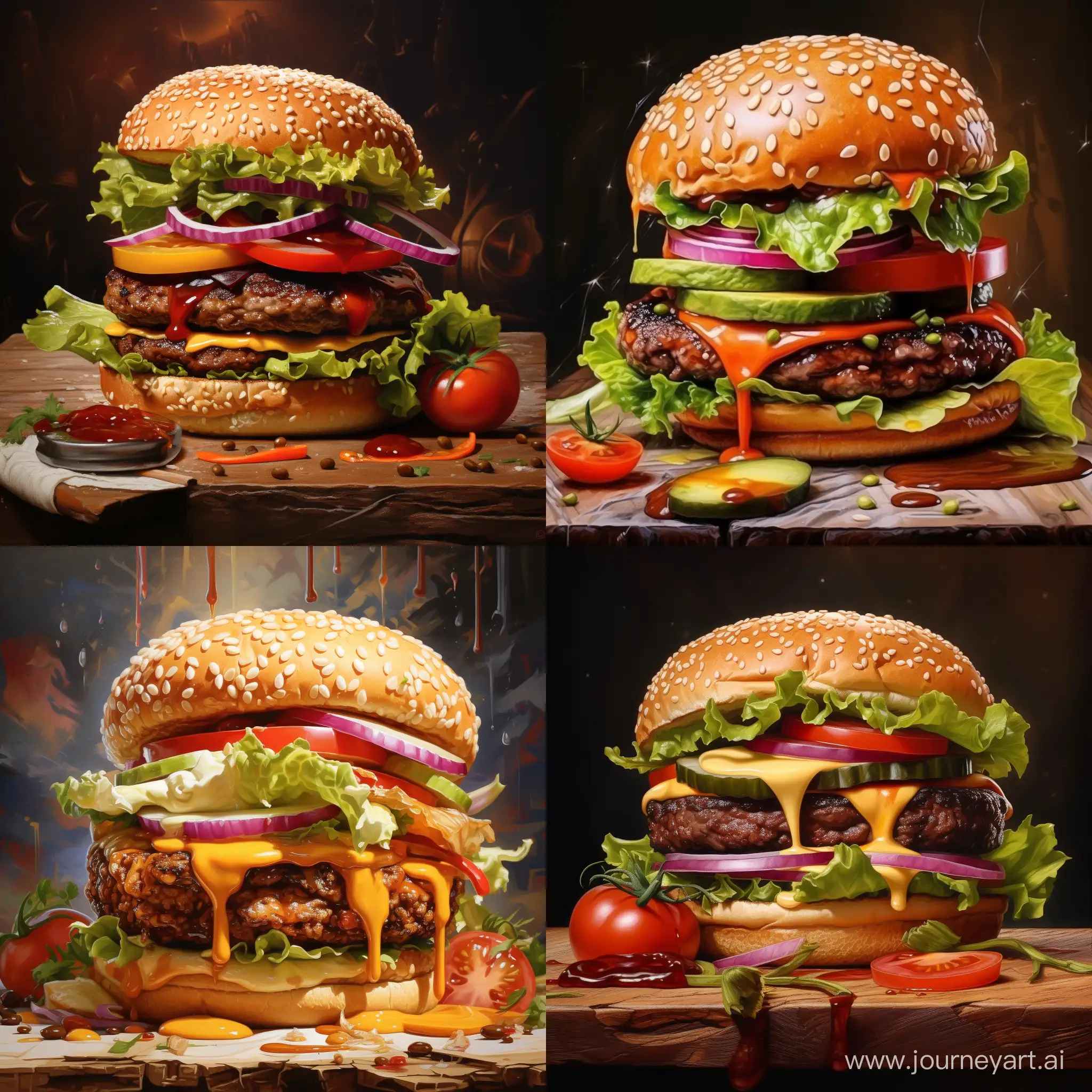 Oil painting of a burger. 3D animation 