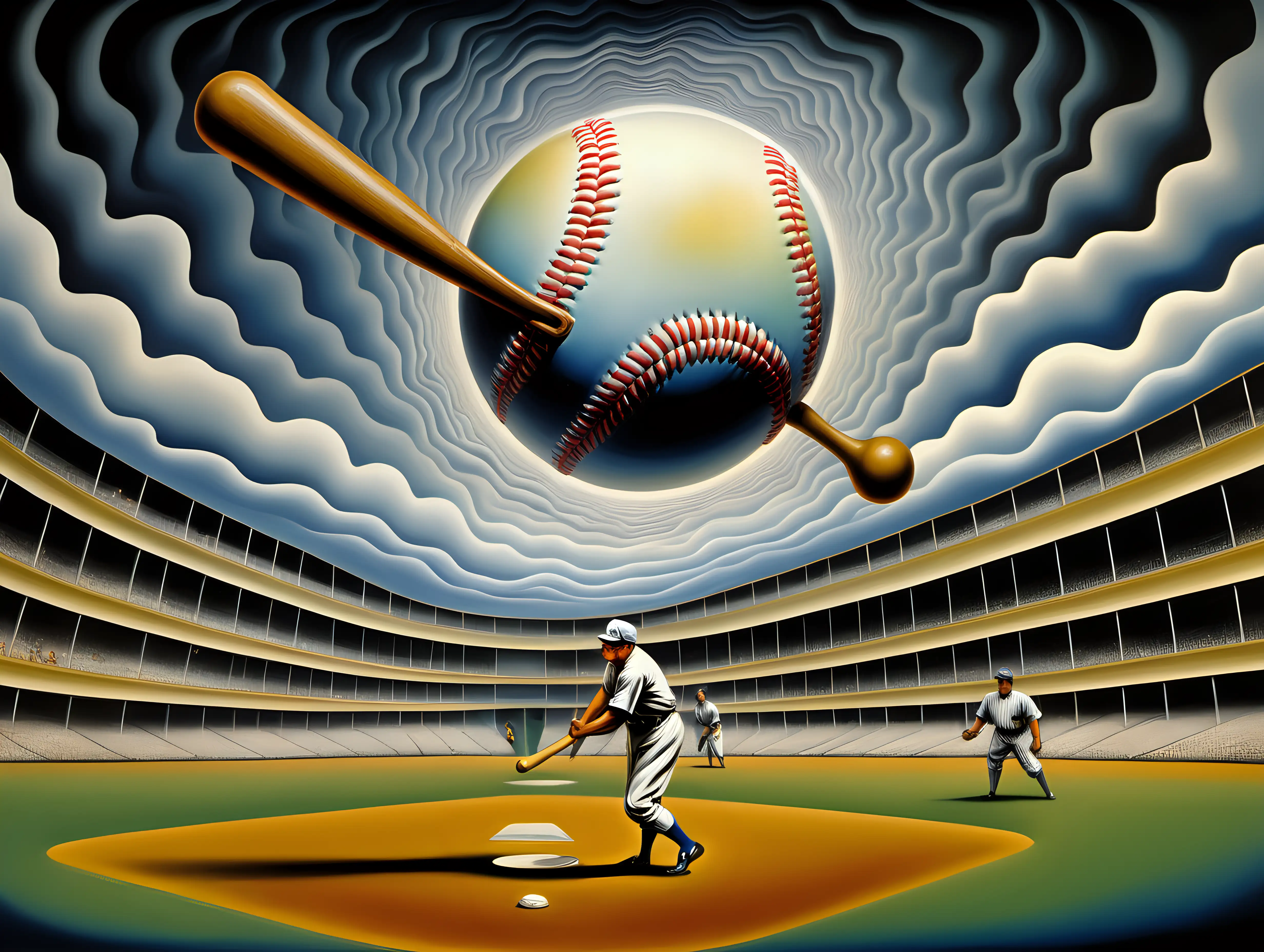 my mind on lsd while Babe Ruth is playing baseball in style of surrealism and abstract by Dali