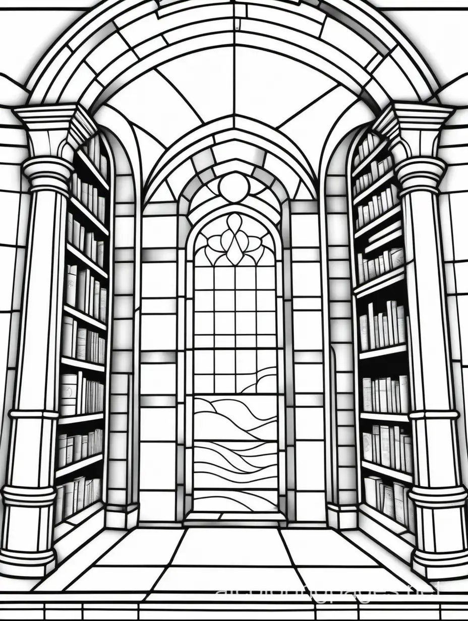 STAINED GLASS WINDOW OF A LIBRARY, Coloring Page, black and white, line art, white background, Simplicity, Ample White Space. The background of the coloring page is plain white to make it easy for young children to color within the lines. The outlines of all the subjects are easy to distinguish, making it simple for kids to color without too much difficulty