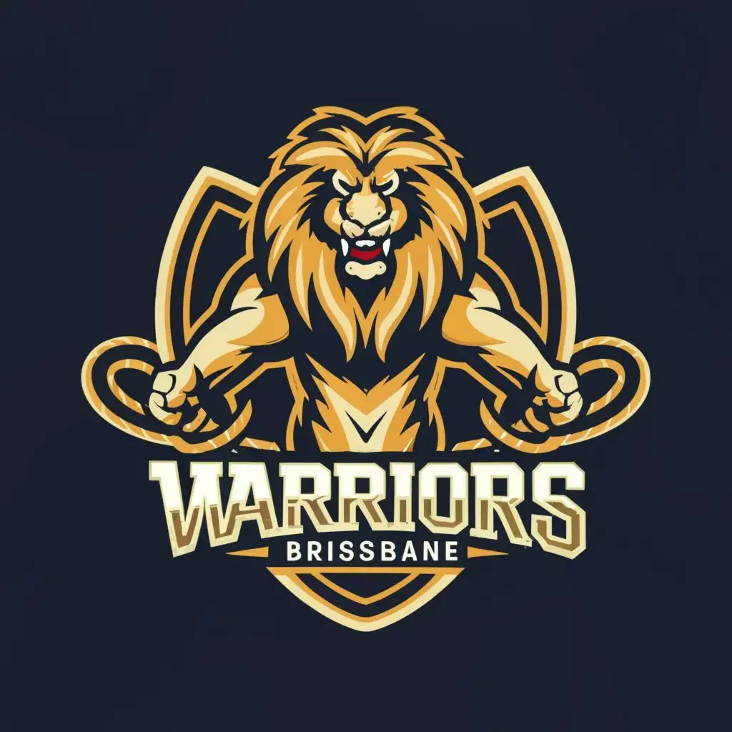 LOGO-Design-for-Warriors-Brisbane-Fierce-Lion-with-Tug-of-War-Theme-in-Deep-Red-and-Metallic-Gold