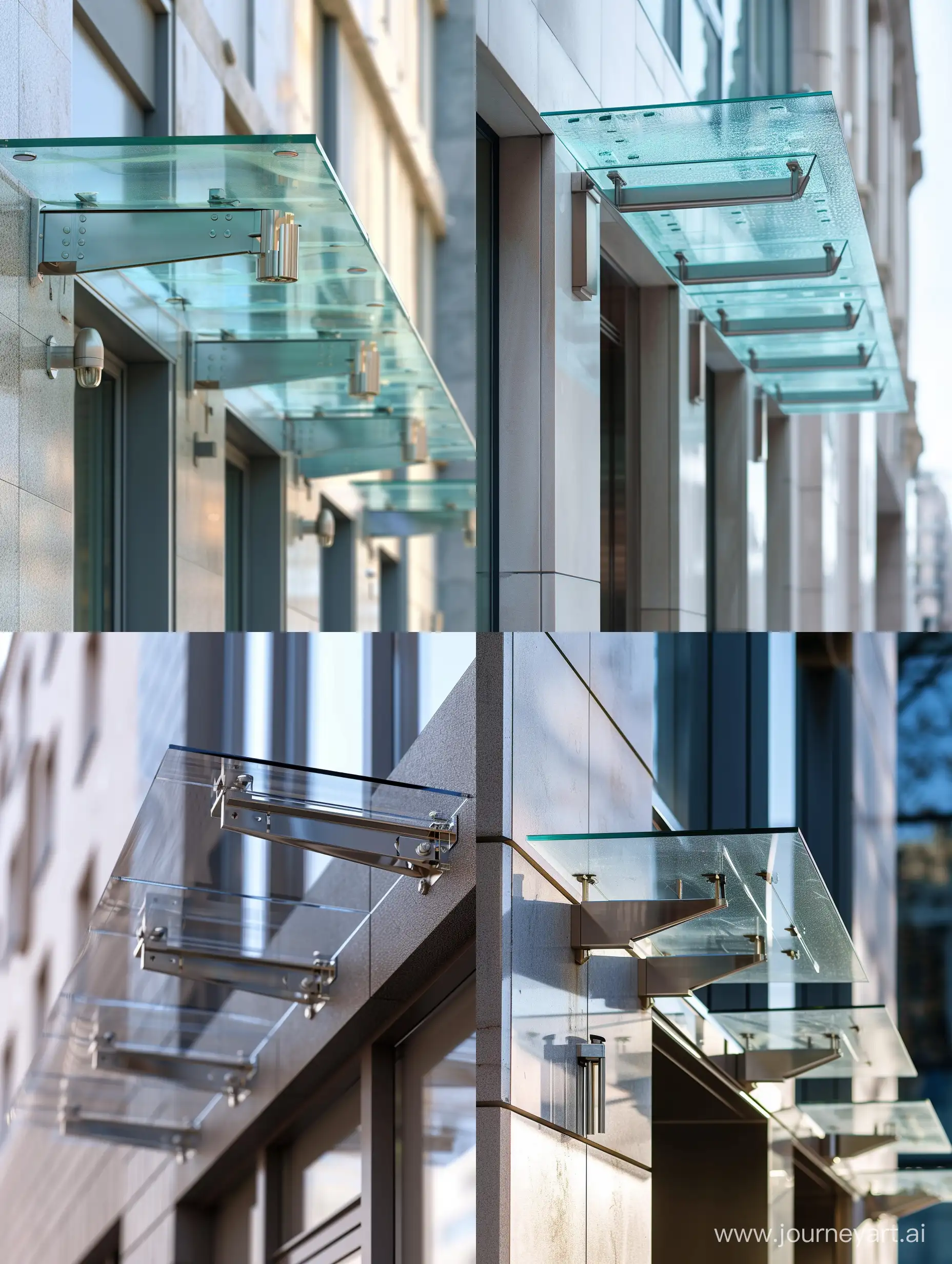 glass canopy on consoles on the facade of the building, close-up, photorealistic architectural style --v 6 --ar 3:4 --no 9002
