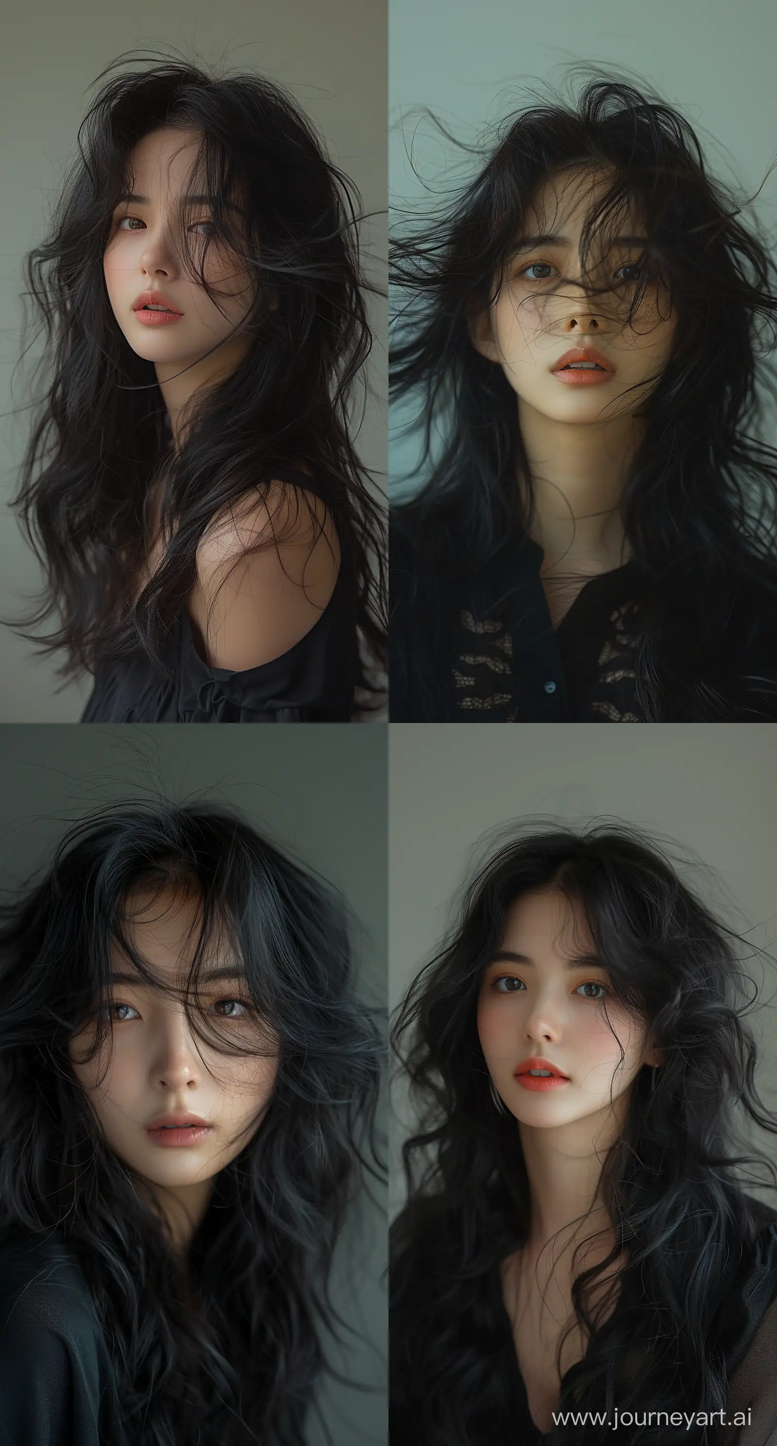 a woman with flowing, wolfcut black hair is posing, in the style of dain yoon, soft edges and blurred details, captures raw emotions, multilayered, soft edges, wavy, distinct facial features --ar 69:128 --stylize 750 --v 6
