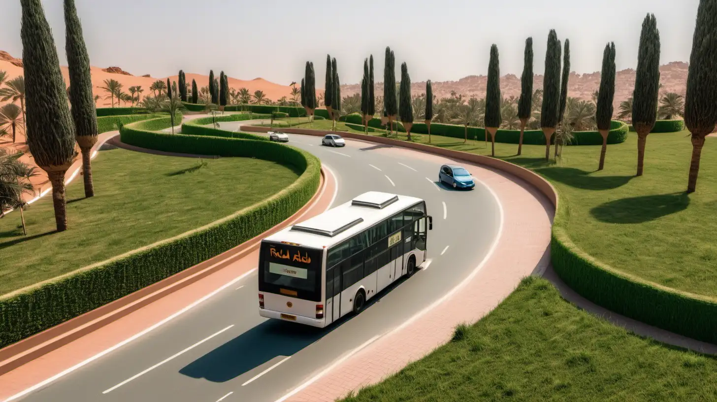 Bus driving on the curve road, some car and drive with riad, showing grass and and trees round about
