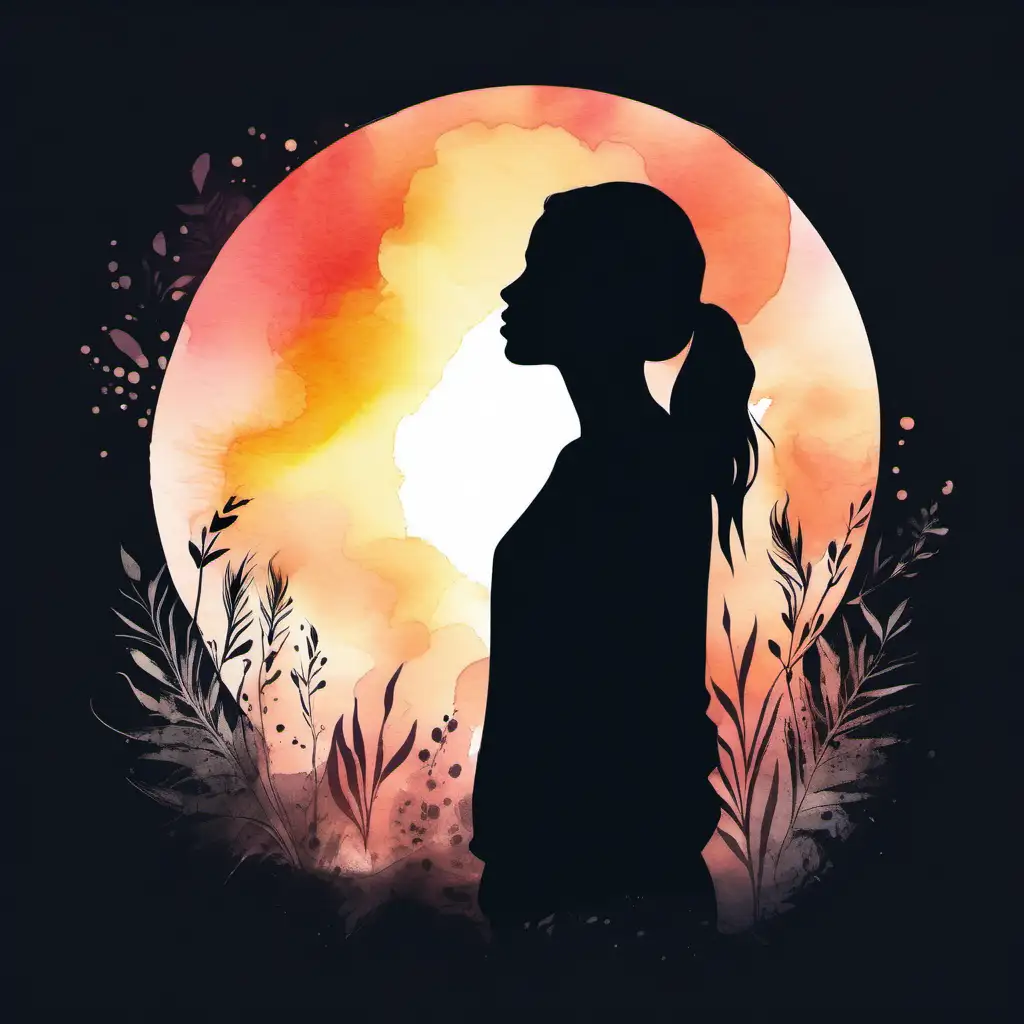 Silhouette of a person taking a breathe to feel calm in the moment.

Style: bright watercolour, hand drawn.
Mood: Ethereal and inspiring.

T -shirt design graphic, vector, contour, black background.