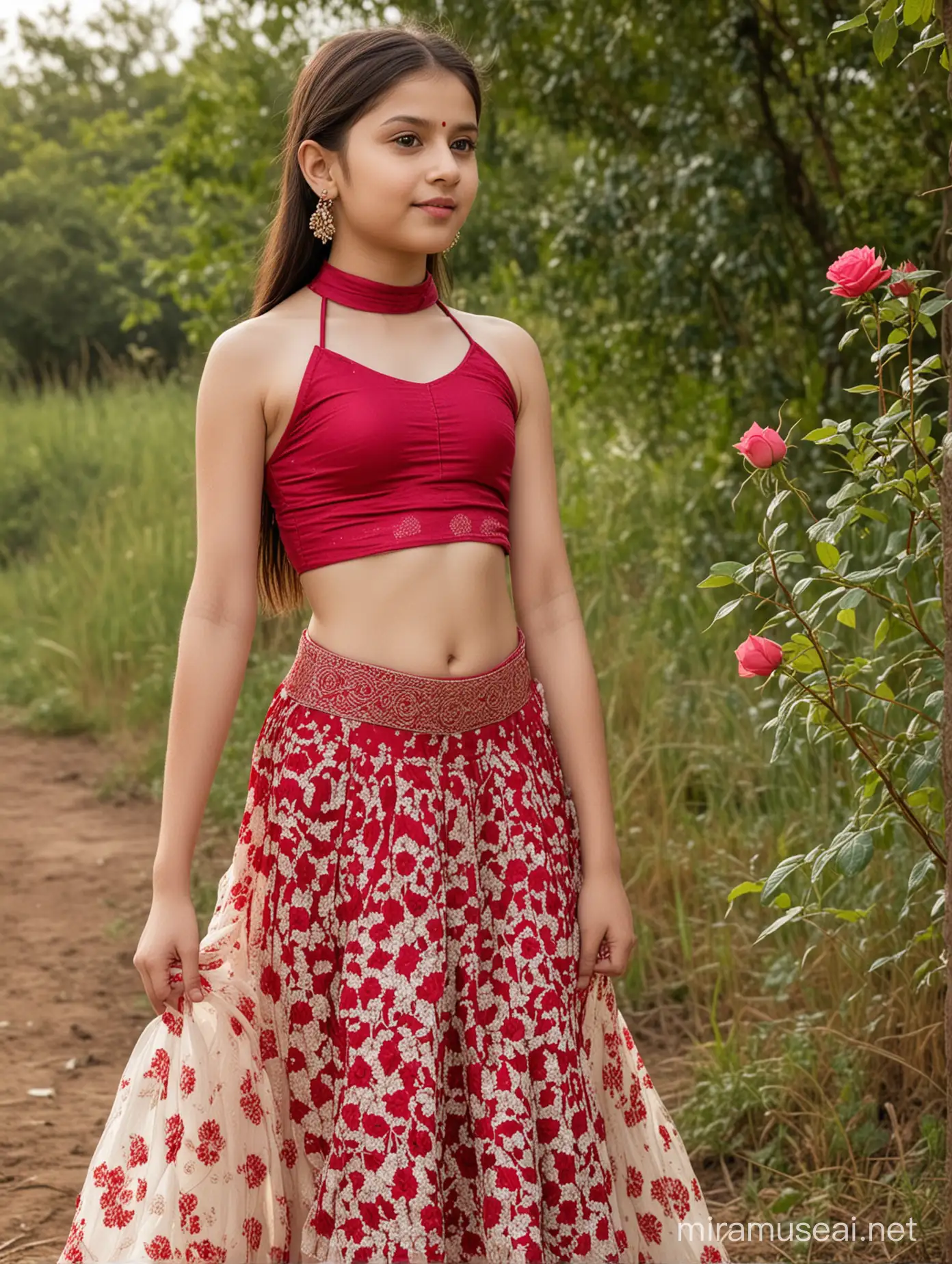 12 years old girl, white skin, beautiful, wearing rose red very thin halter neck very thin choli with lehenga, her front view, in nature