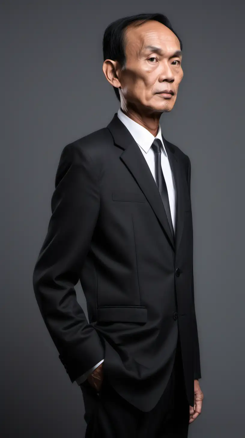 a 60 year old south east asian man with skinny figure, black short thin sleek hair, full face big forehead, wearing suit and black pants. facing right side view