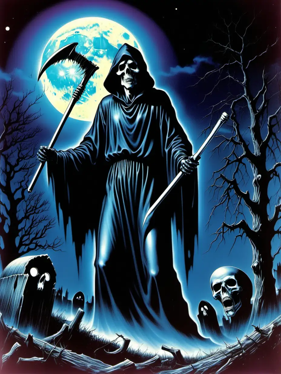 80s horror VHS cover, grim reaper superimposed on the full moon