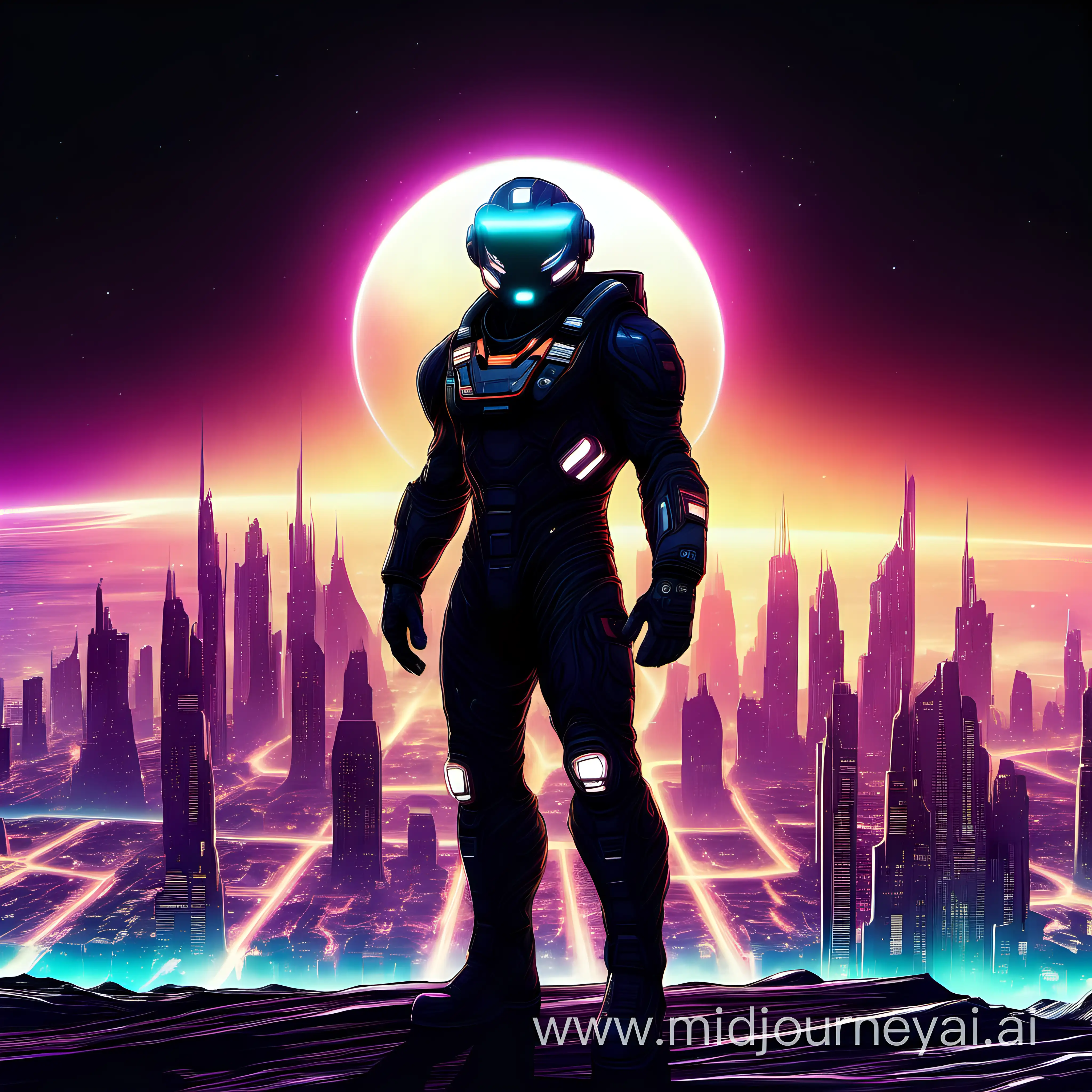 An interstellar warrior in a black spacesuit with a black visor covering his face. He stands in front of a glowing neon city in the distance but he faces the camera.