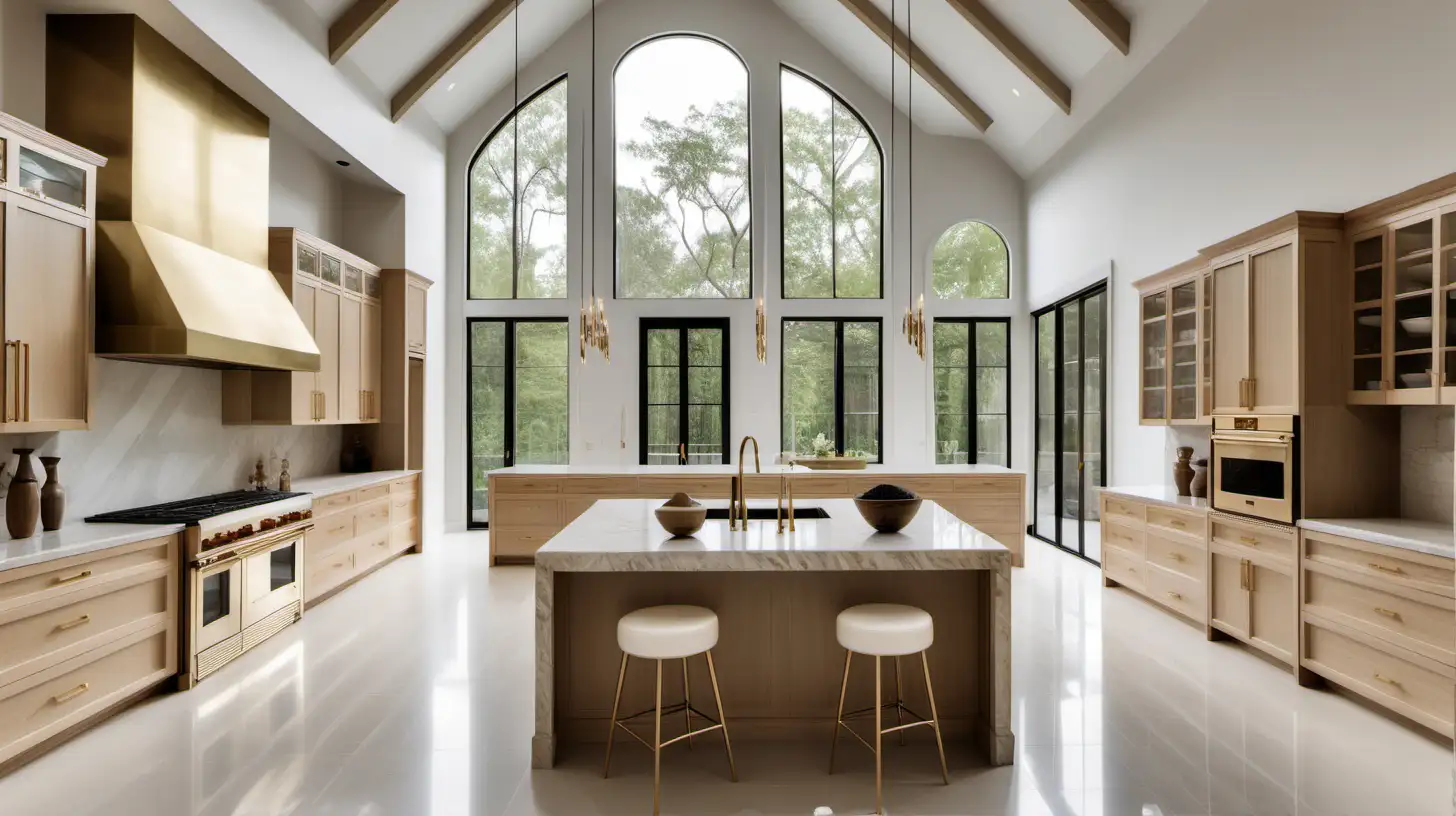 Grand Minimalist estate home open kitchen with Blonde oak cabinets; beige, ivory, brass; high ceilings