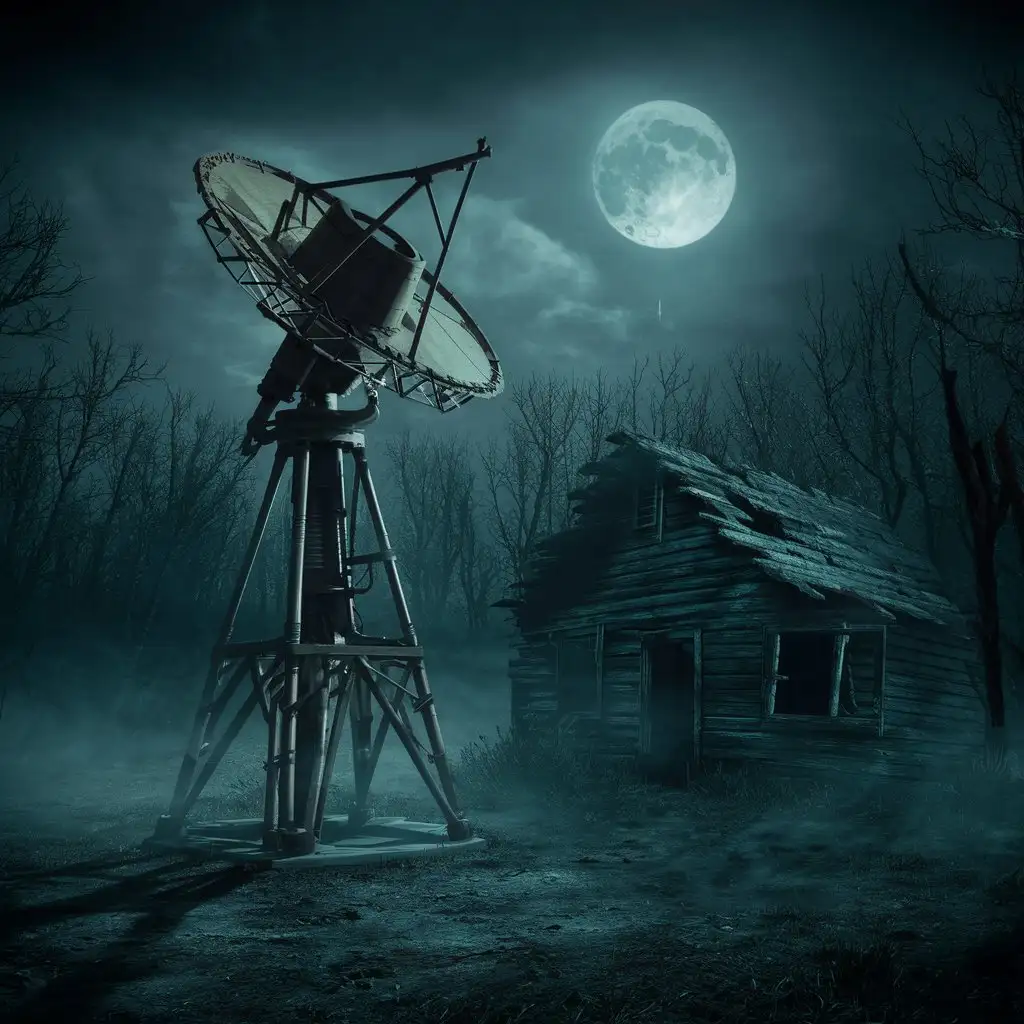 w starym ciemnym lesie stoi radioteleskop, obok stoi stara drewniana chata, księżyc, mgła, atmosfera horroru