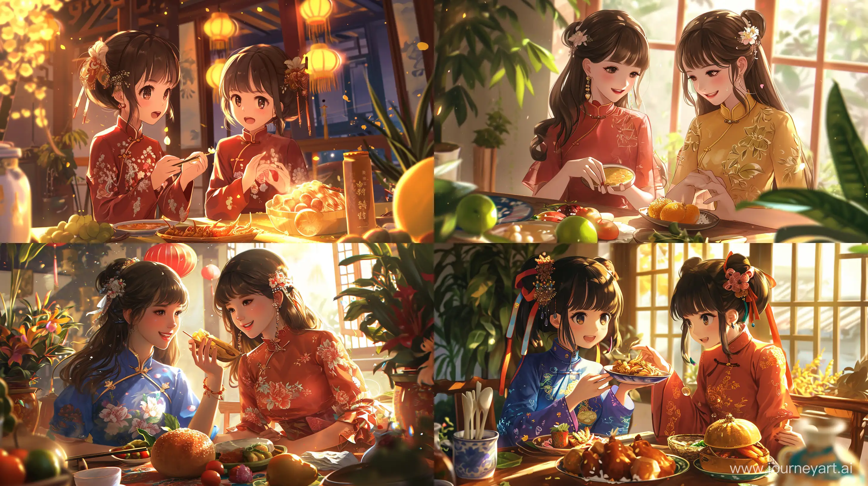 splash art, two girl in aodai, Vietnamese tet holiday, food, best quality.  dynamic shot, dutch angle, nice color, ultra detailed, anime characters, beautiful, slightly special effect, cute --v 6 --q 2 --ar 16:9 --chaos 2
