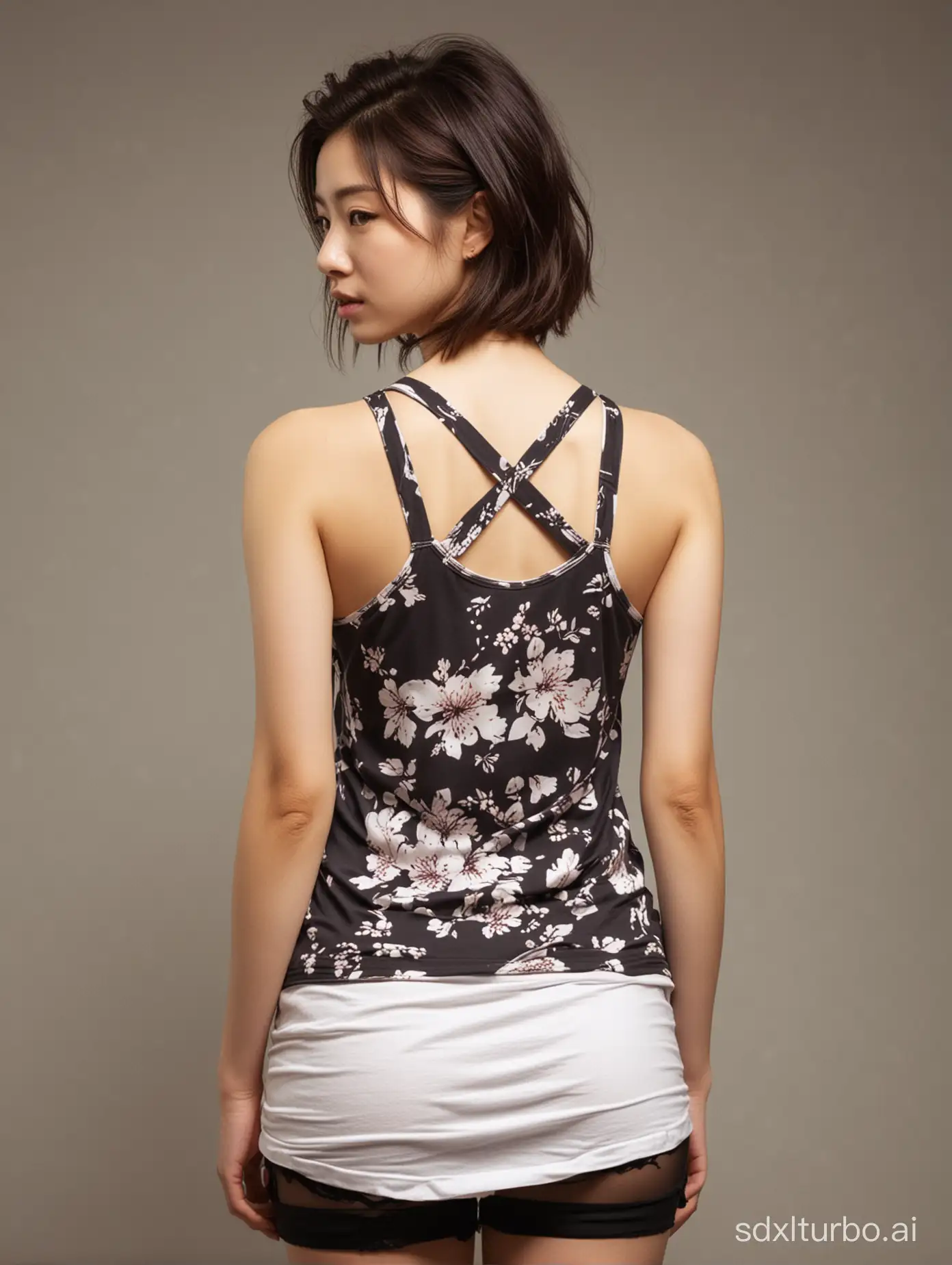 Fukada Kyoko,,full body，tank top,back view,photograph style of “Faces of A.Picolo" series